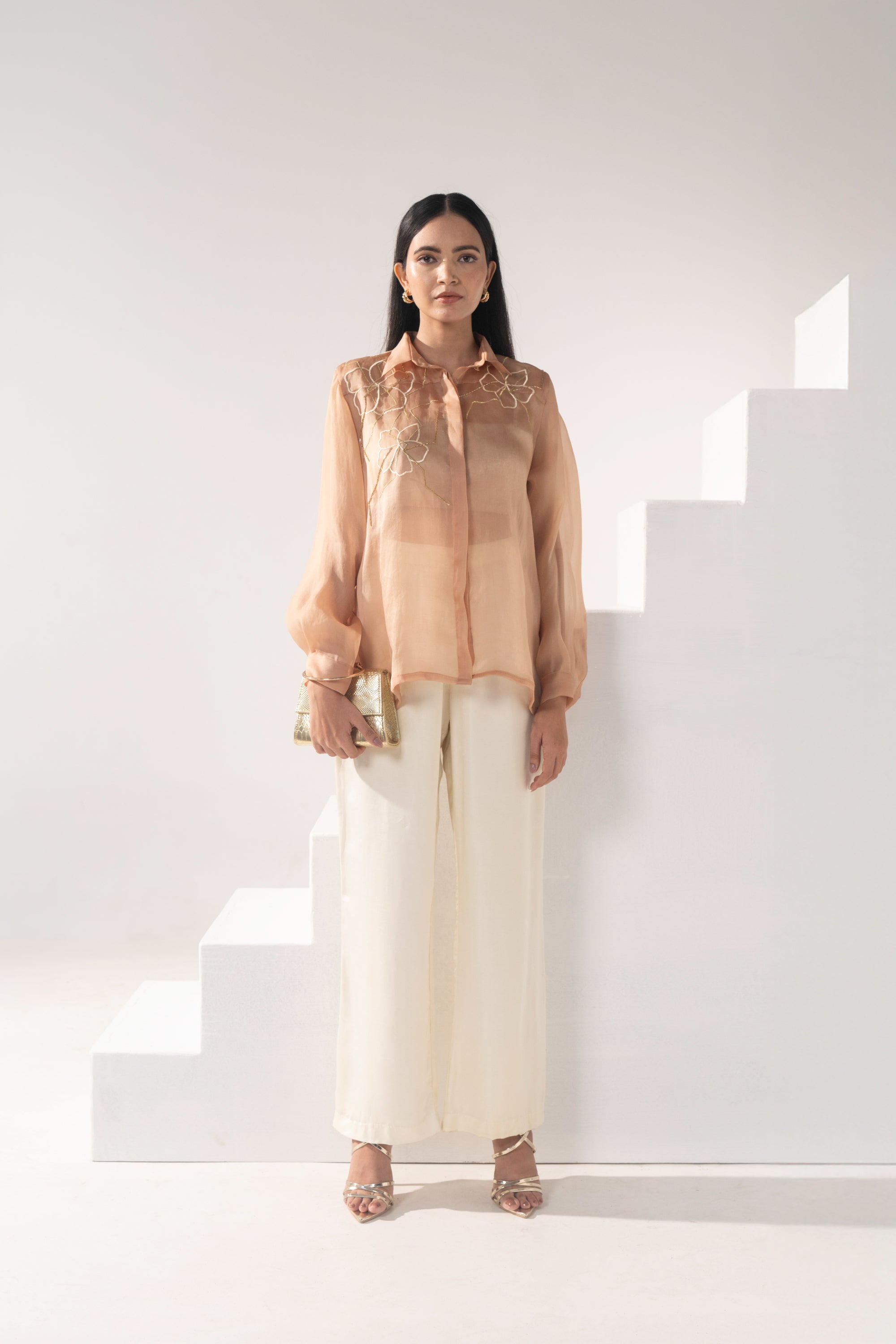 Foil Bralette, Sheer Flap Shirt & Relaxed pants