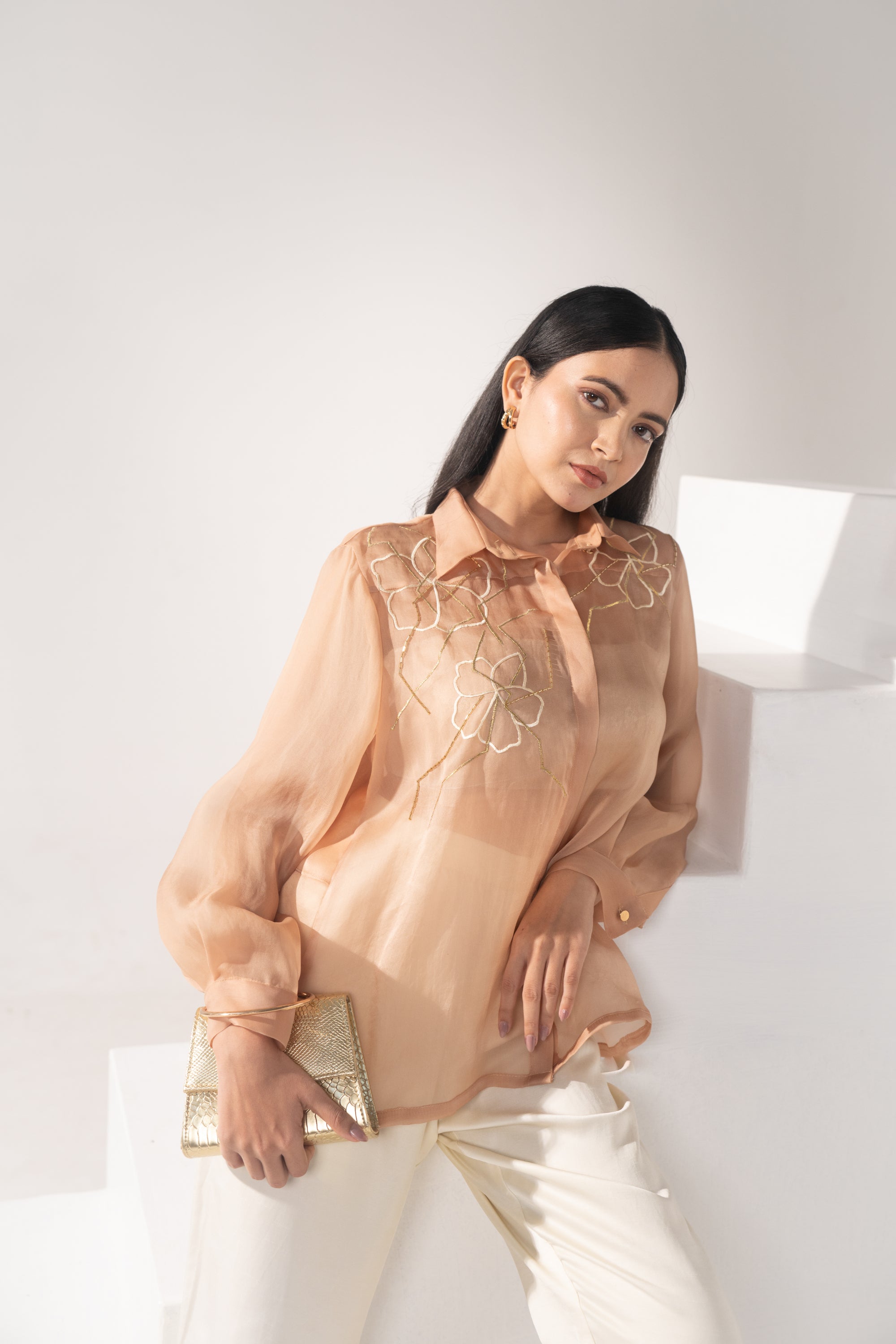 Foil Bralette, Sheer Flap Shirt & Relaxed pants