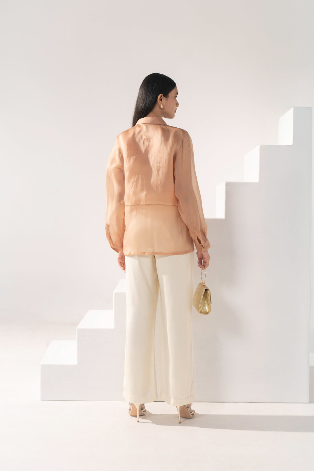 Foil Bralette, Sheer Flap Shirt & Relaxed pants