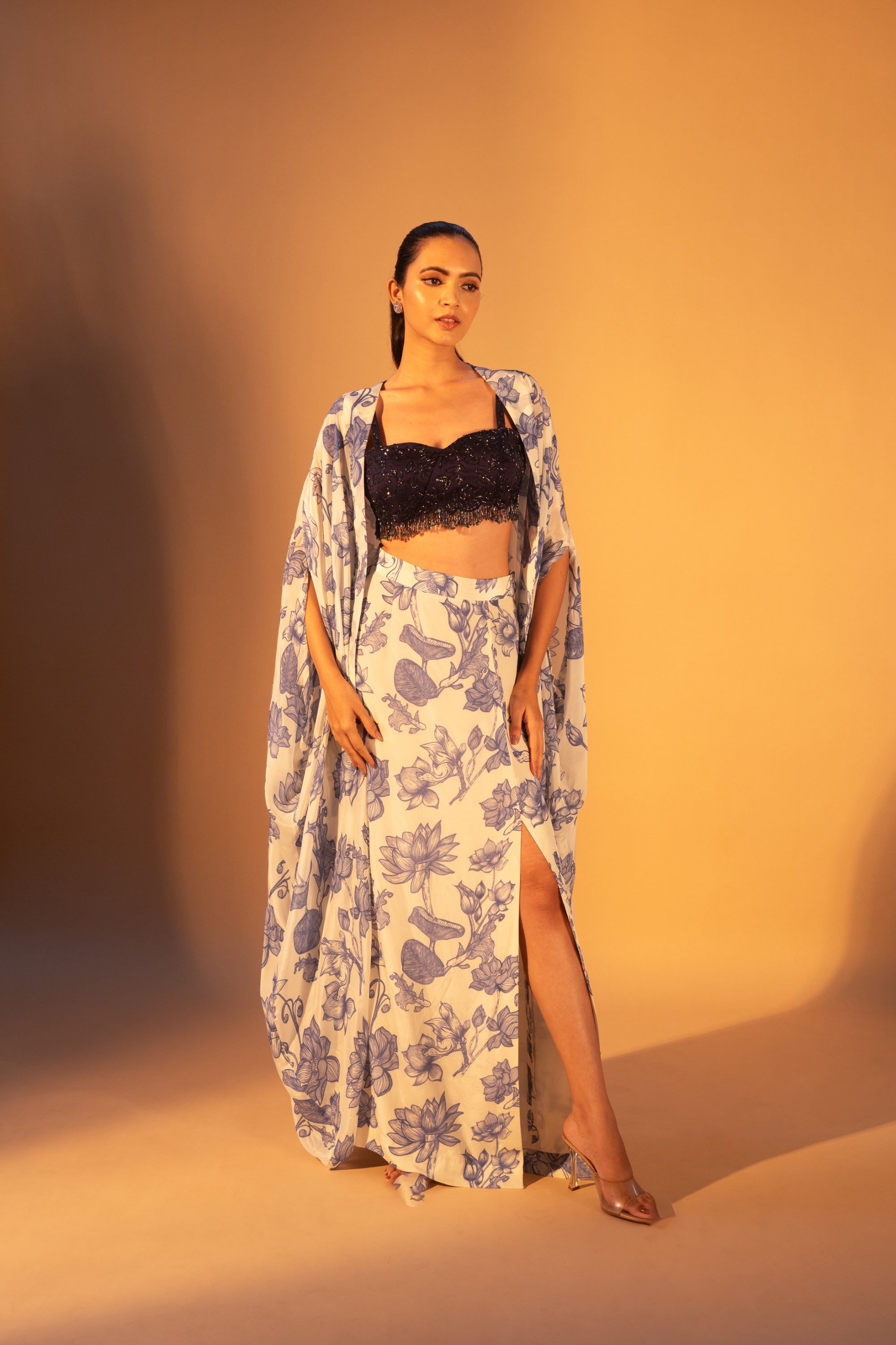 Overlap Beaded Blouse, SURITTO Skirt & Ceramic Printed Cape