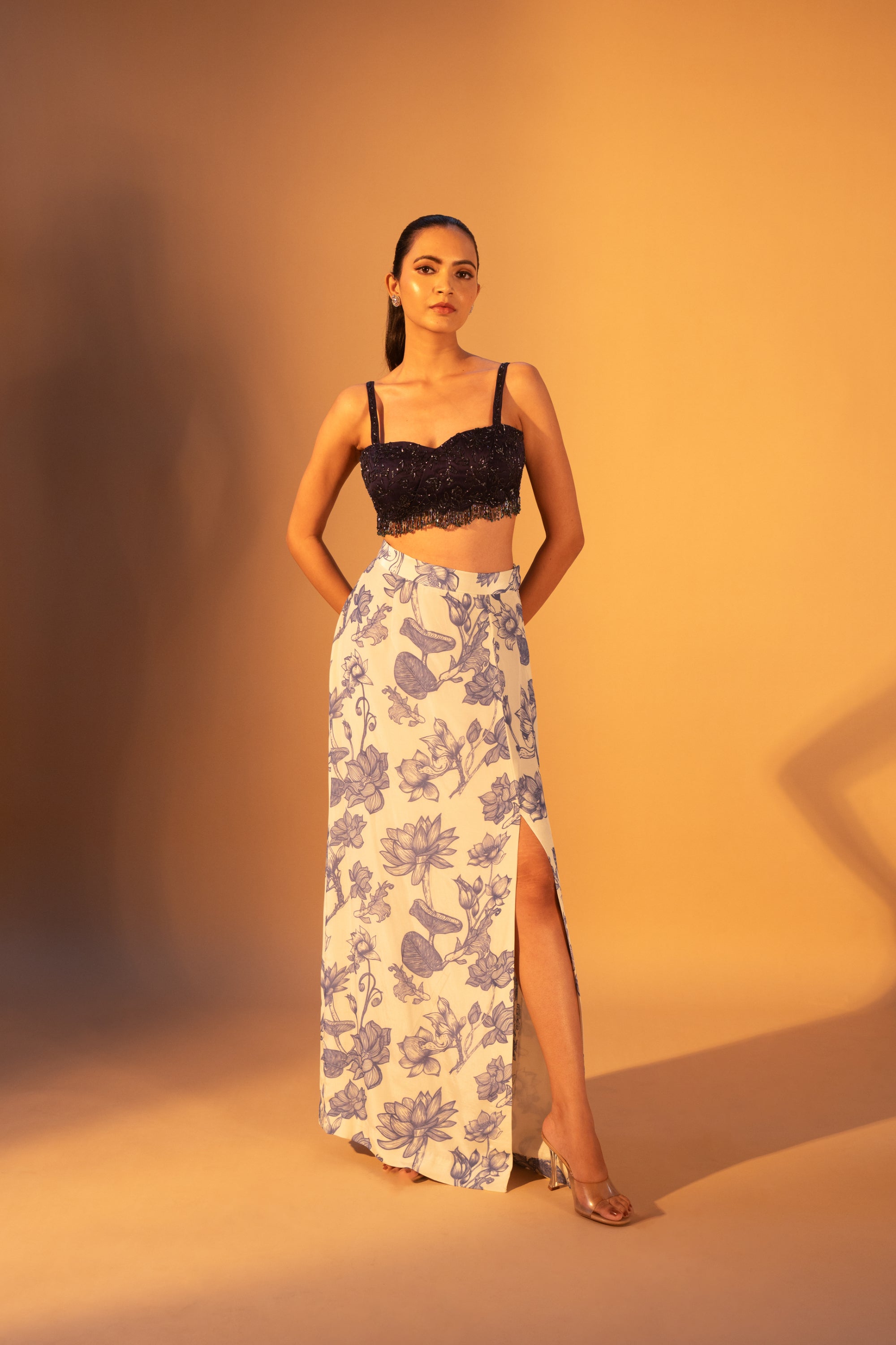 Overlap Beaded Blouse, SURITTO Skirt & Ceramic Printed Cape