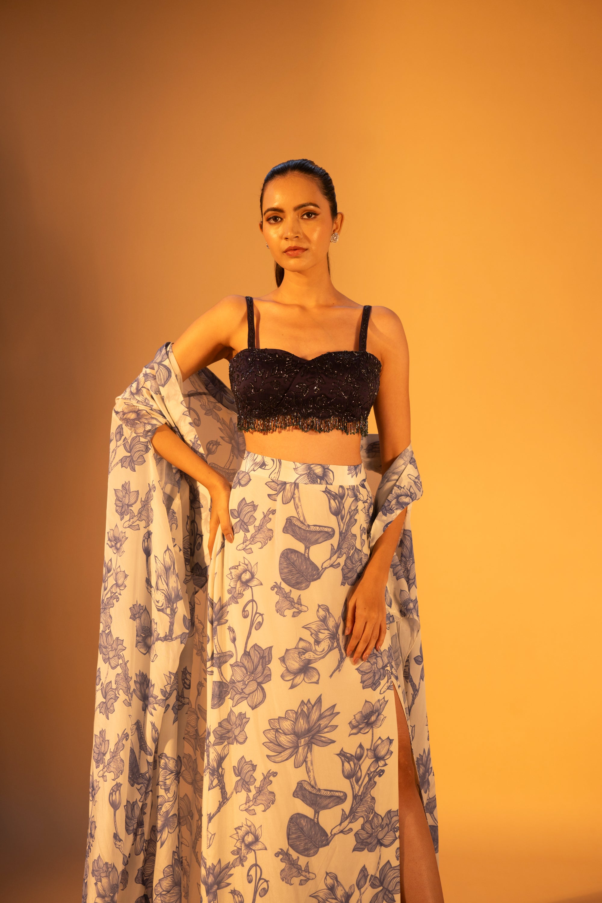 Overlap Beaded Blouse, SURITTO Skirt & Ceramic Printed Cape