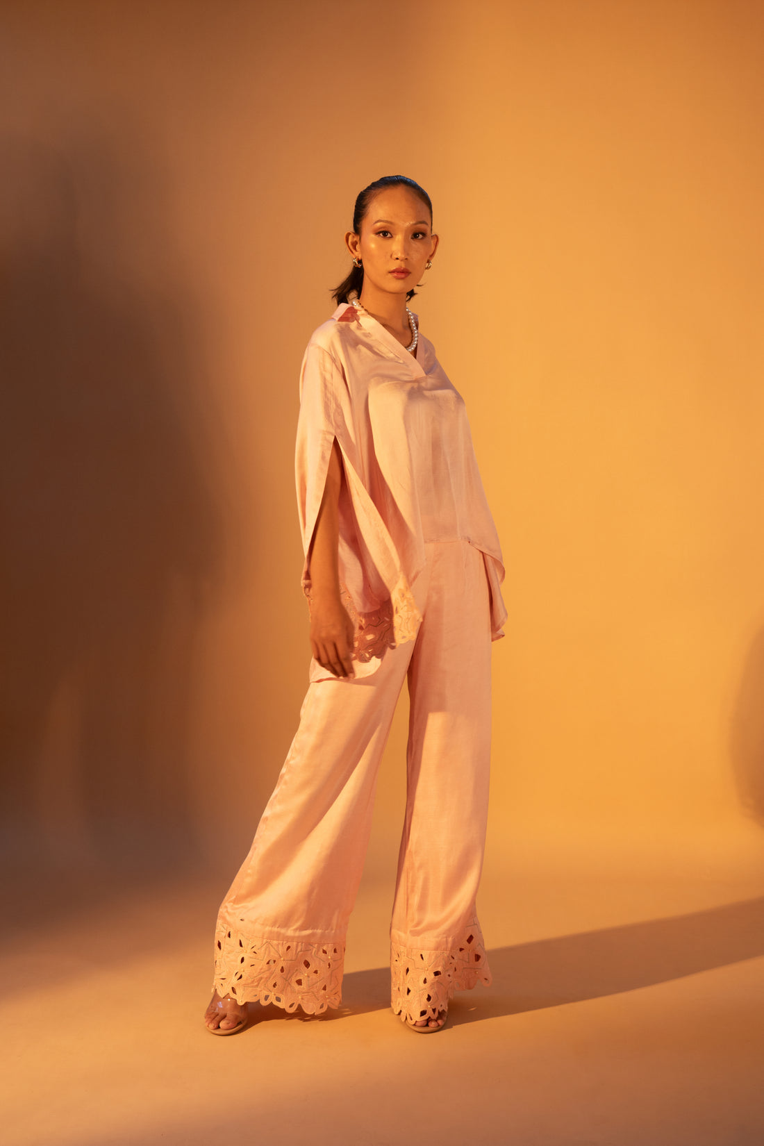 V-Neck Cutwork Slit Sleeve Top & Floral Cutwork Pants