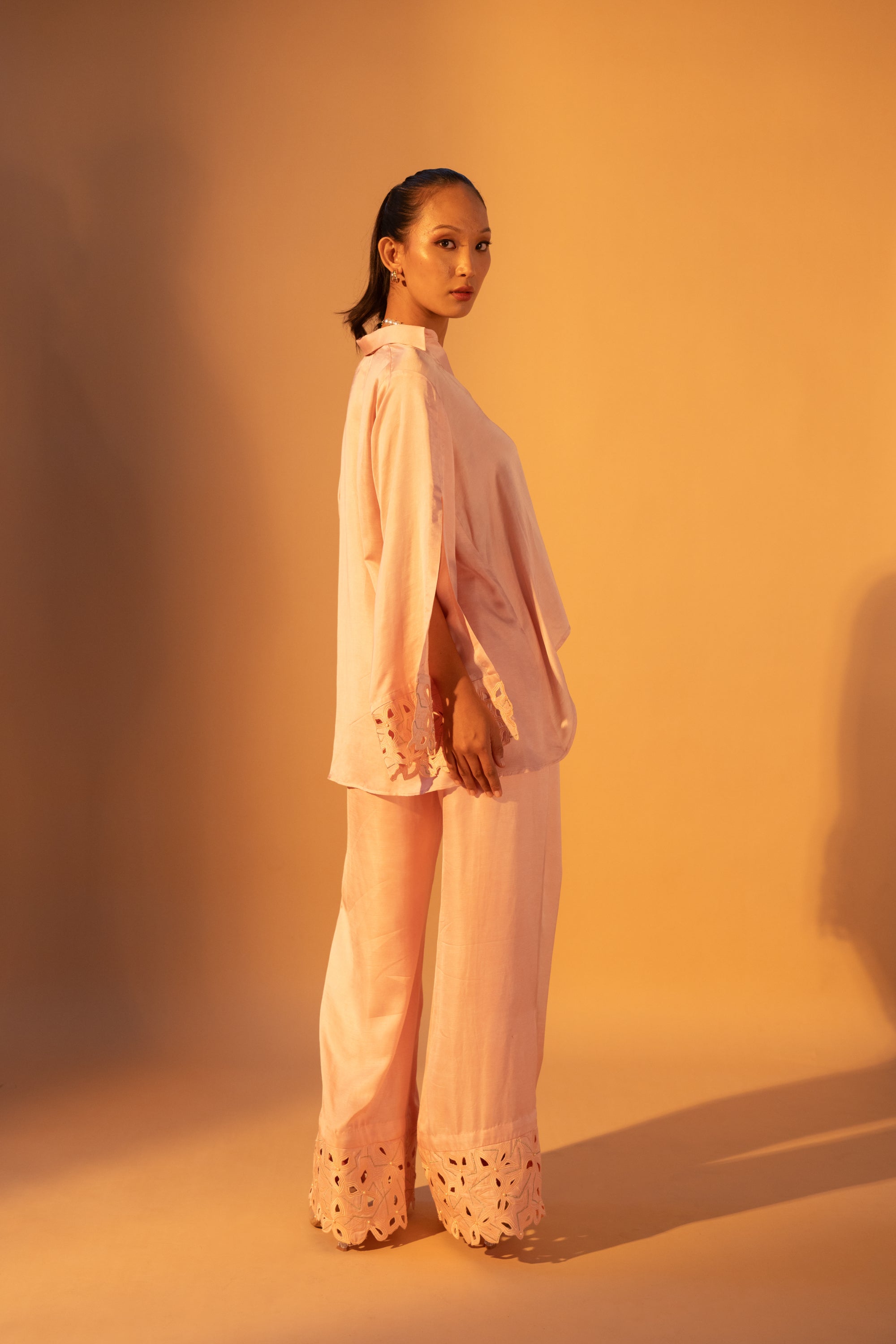 V-Neck Cutwork Slit Sleeve Top & Floral Cutwork Pants