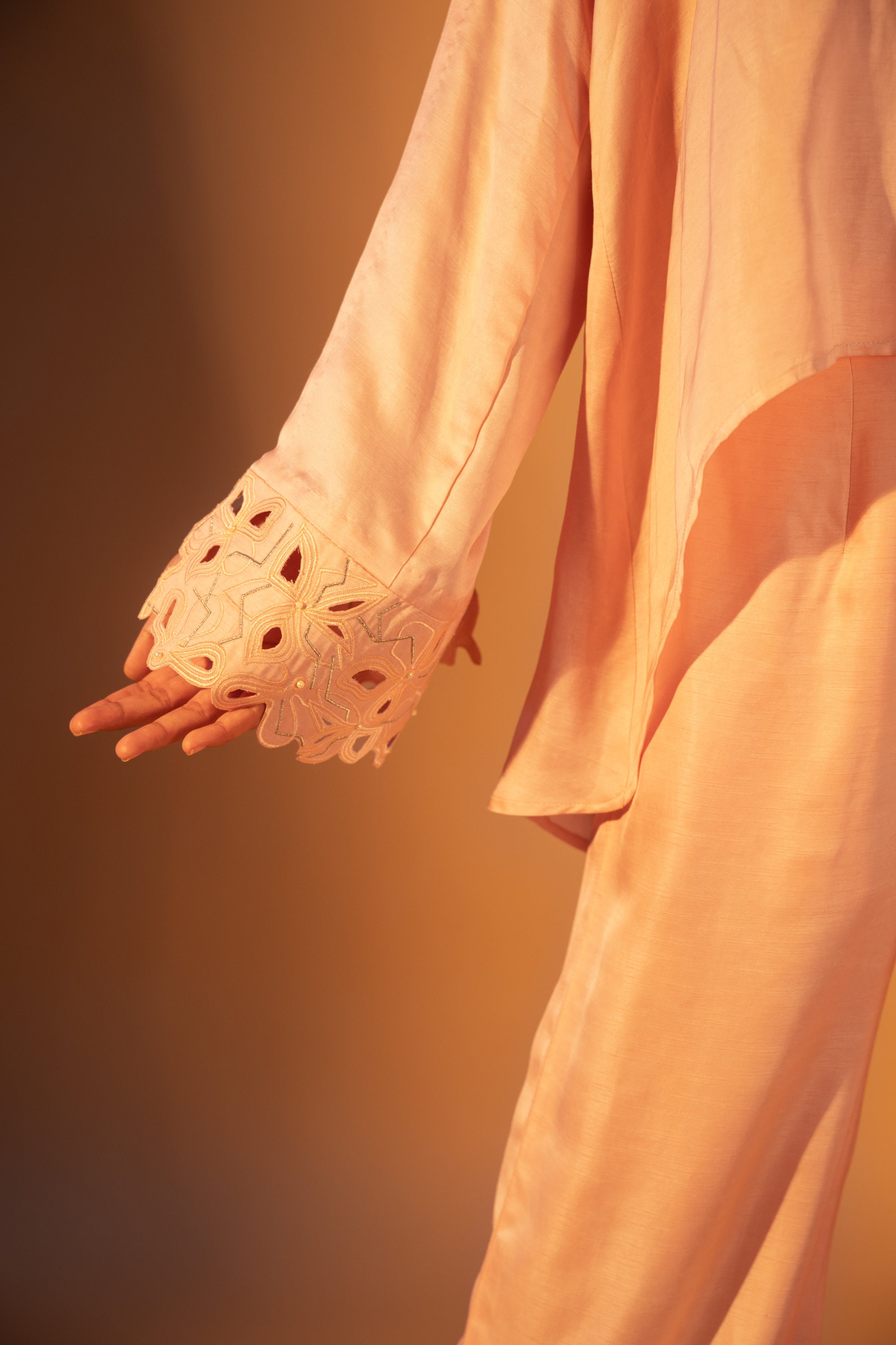 V-Neck Cutwork Slit Sleeve Top & Floral Cutwork Pants