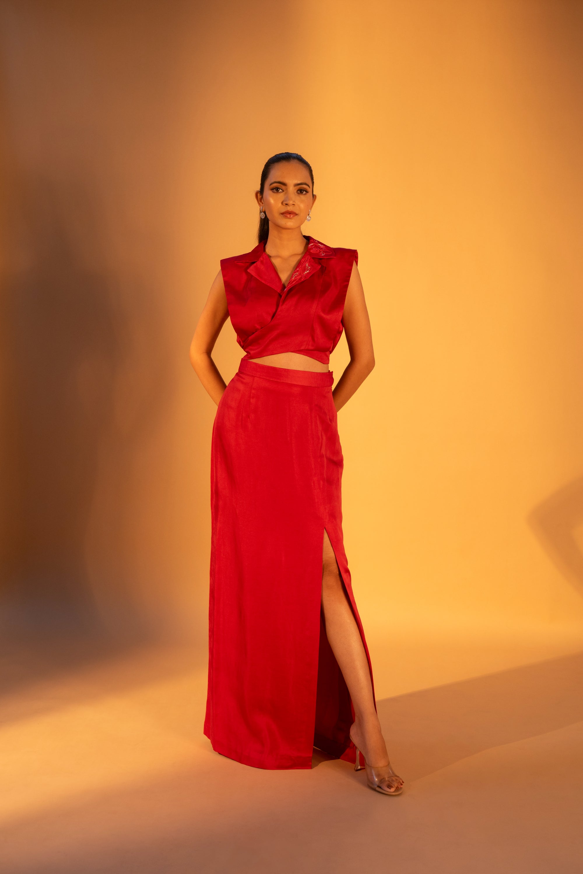 AKAI Lapel Collar Top & Maxi Slit Skirt