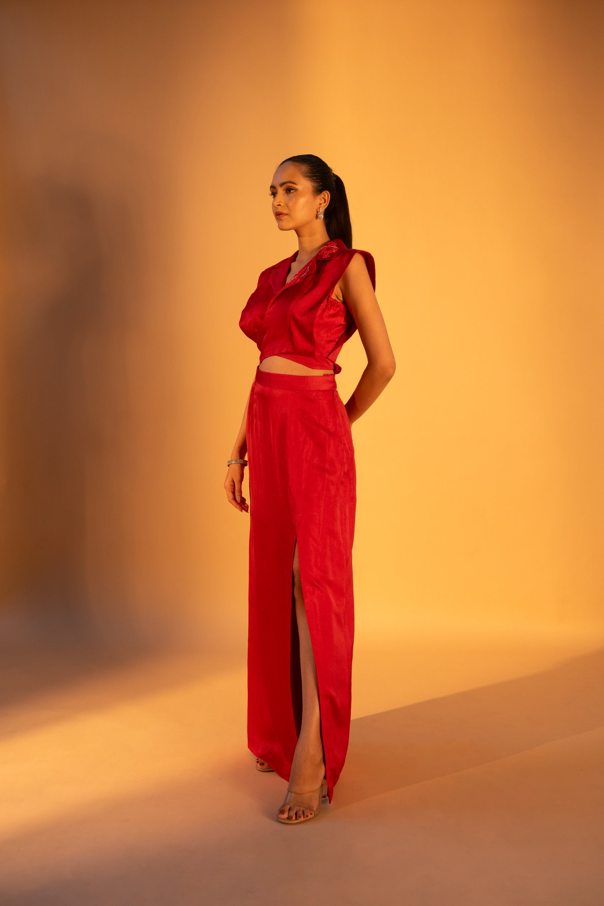 AKAI Lapel Collar Top & Maxi Slit Skirt