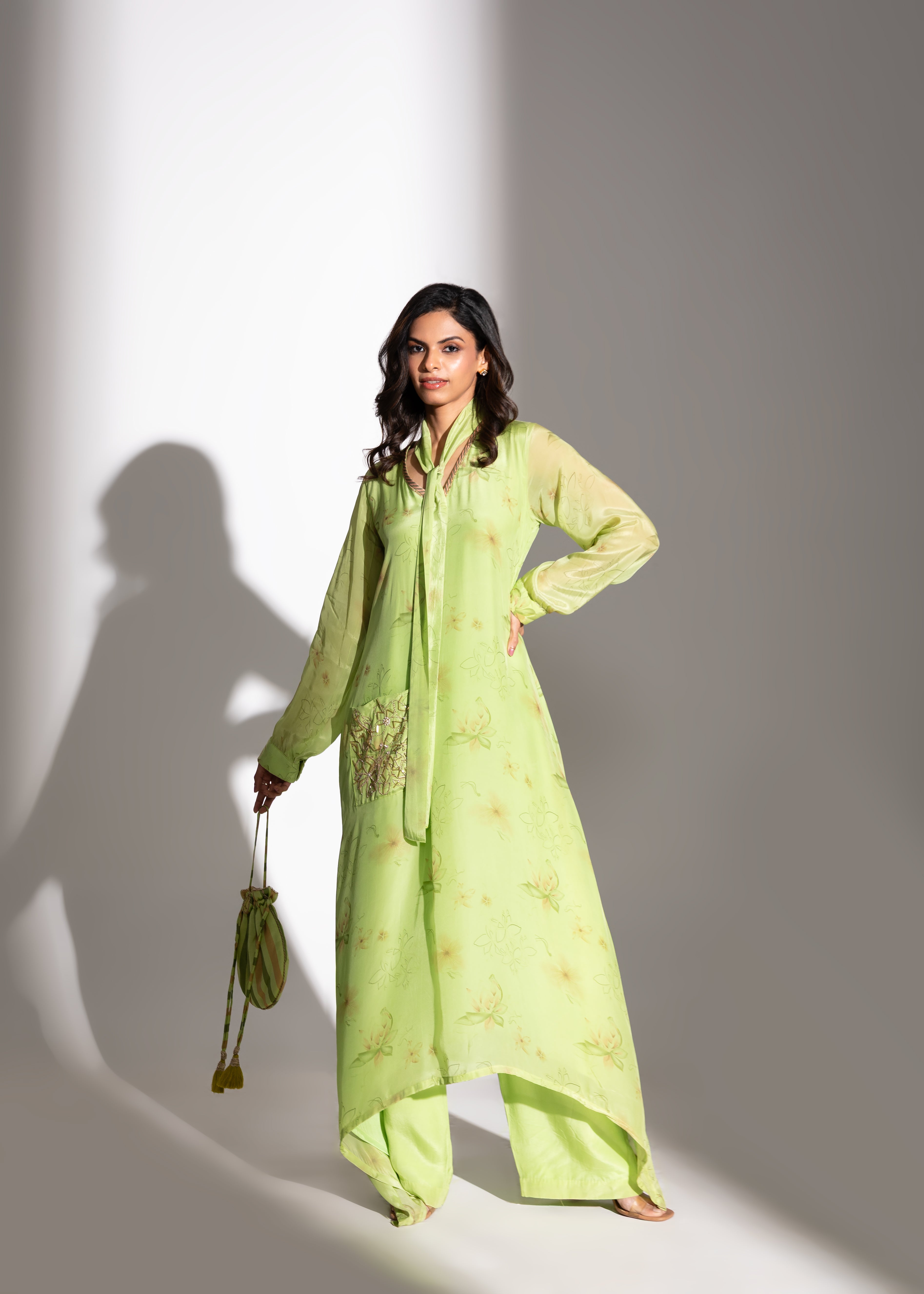 Lime Printed Asymmetric Maxi Tunic & Relaxed Pants