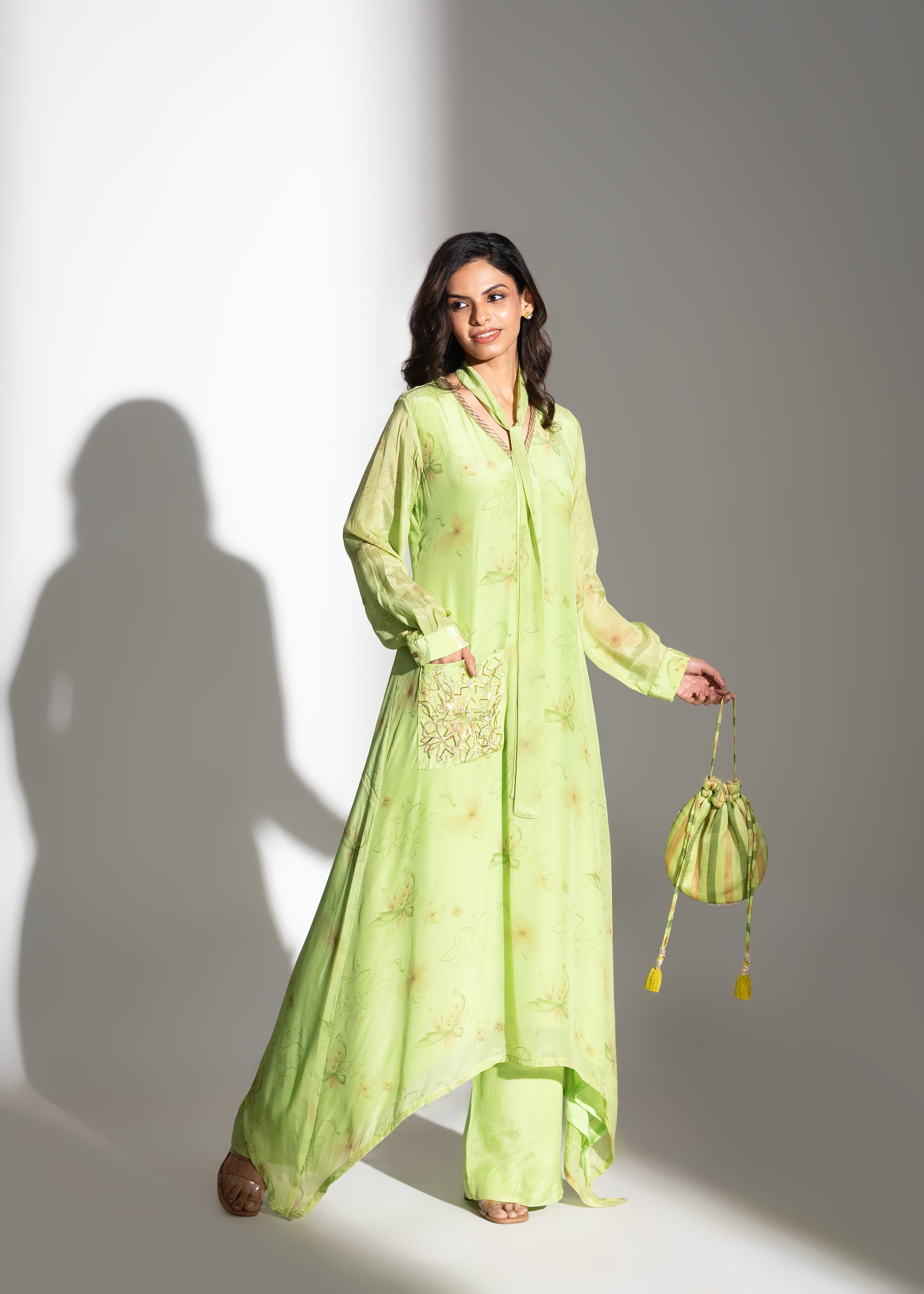 Lime Printed Asymmetric Maxi Tunic & Relaxed Pants