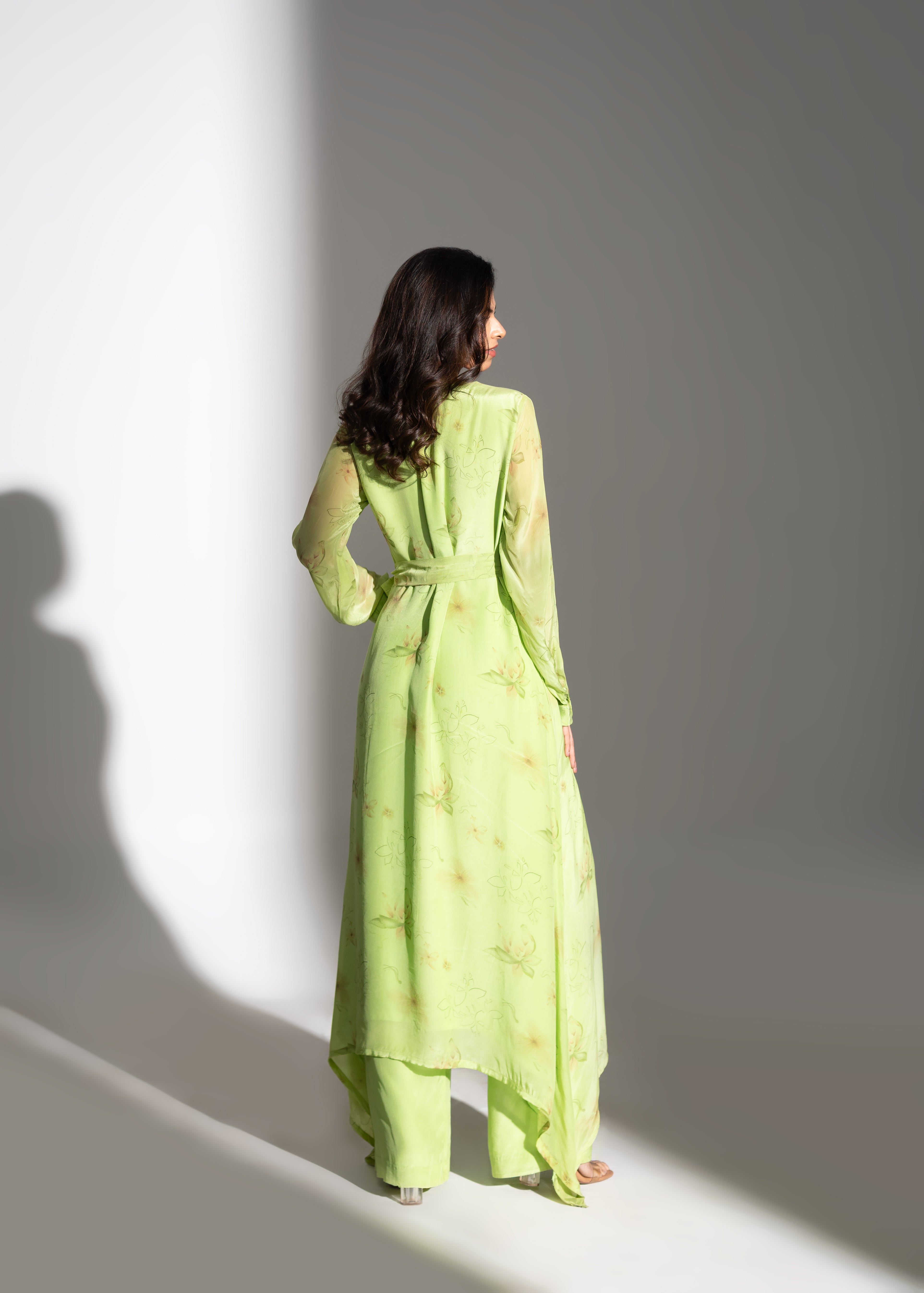 Lime Printed Asymmetric Maxi Tunic & Relaxed Pants