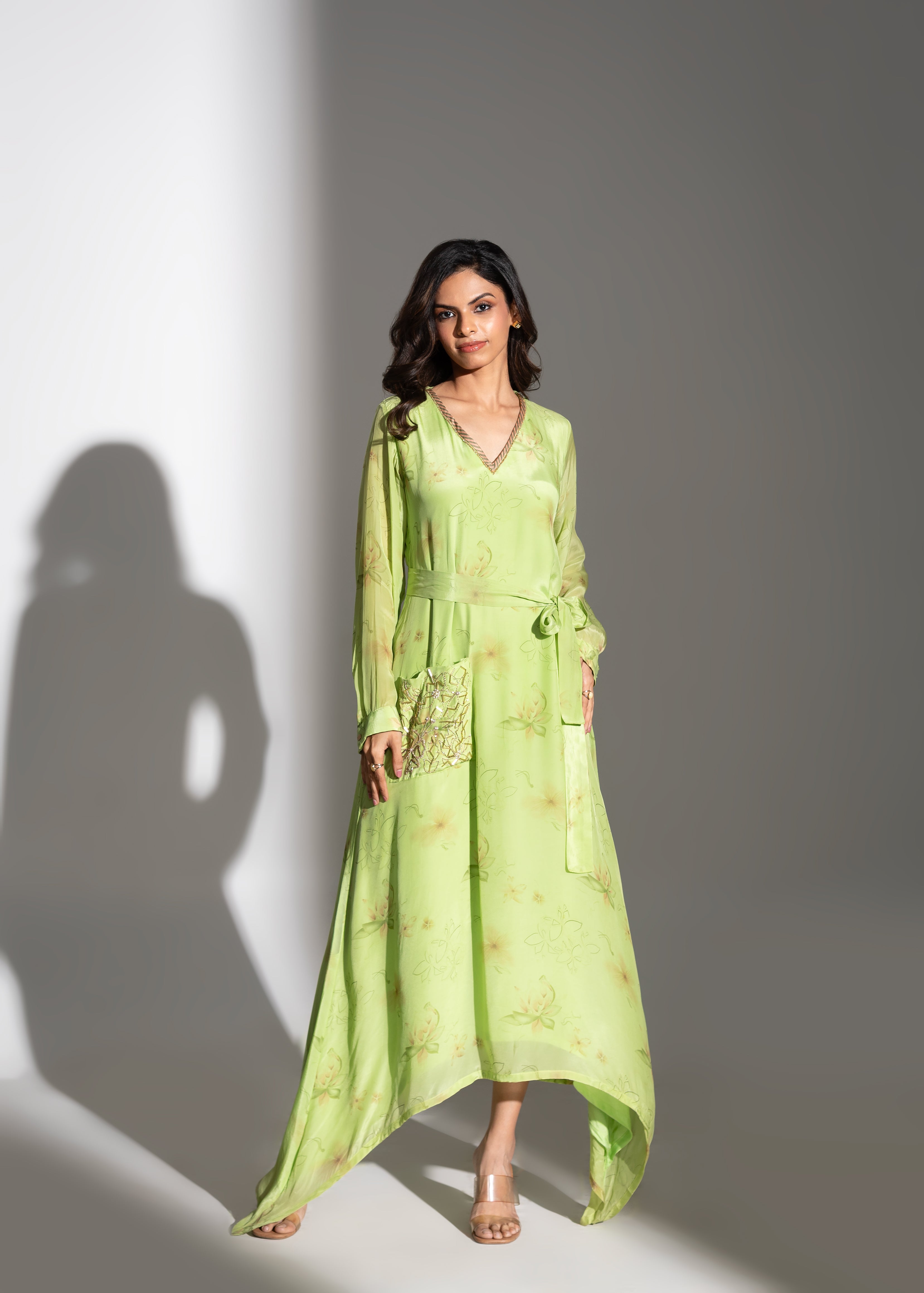 Lime Printed Asymmetric Maxi Tunic & Relaxed Pants