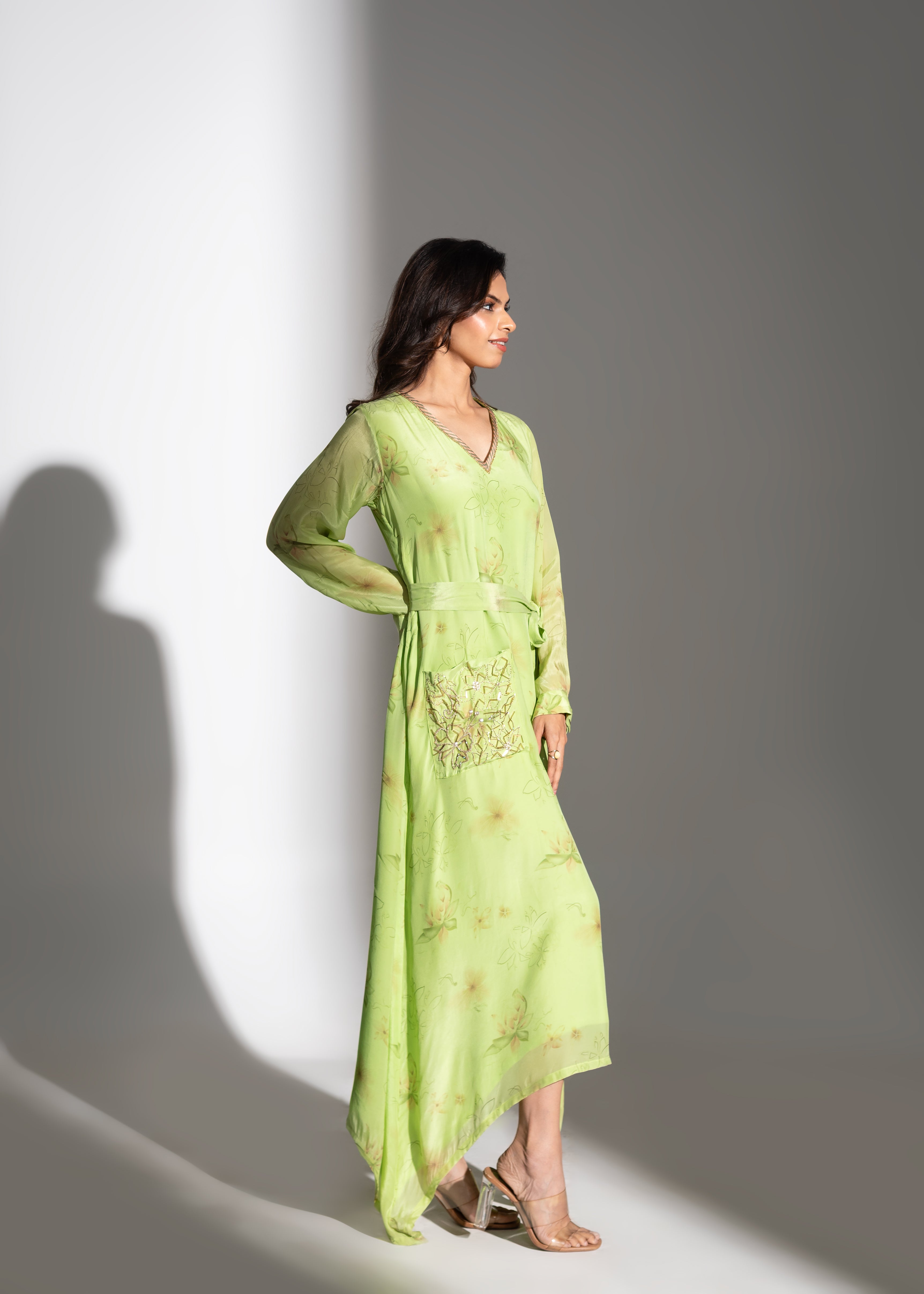 Lime Printed Asymmetric Maxi Tunic & Relaxed Pants