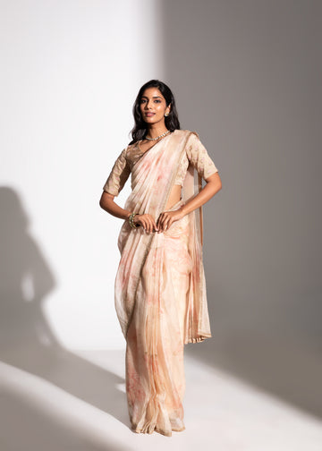 HASU Printed Saree & Striped Butti Blouse Set