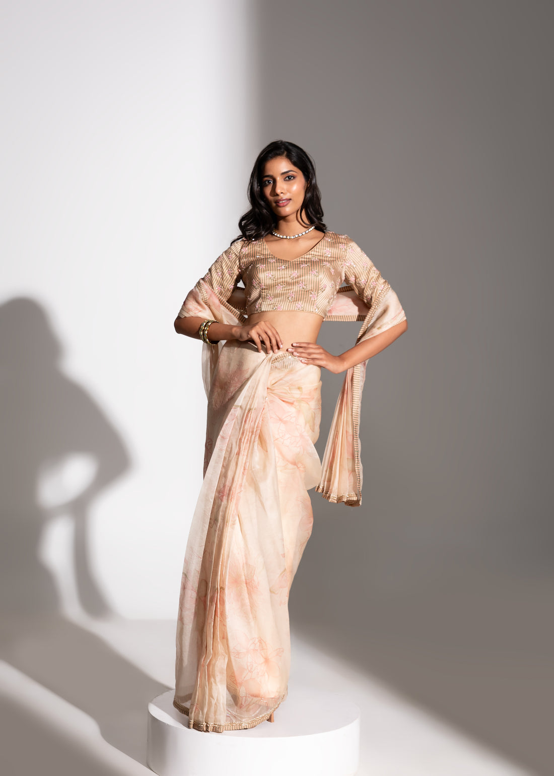 HASU Printed Saree & Striped Butti Blouse Set