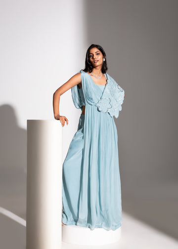 Double Cape Pleated Top with Flared Pants