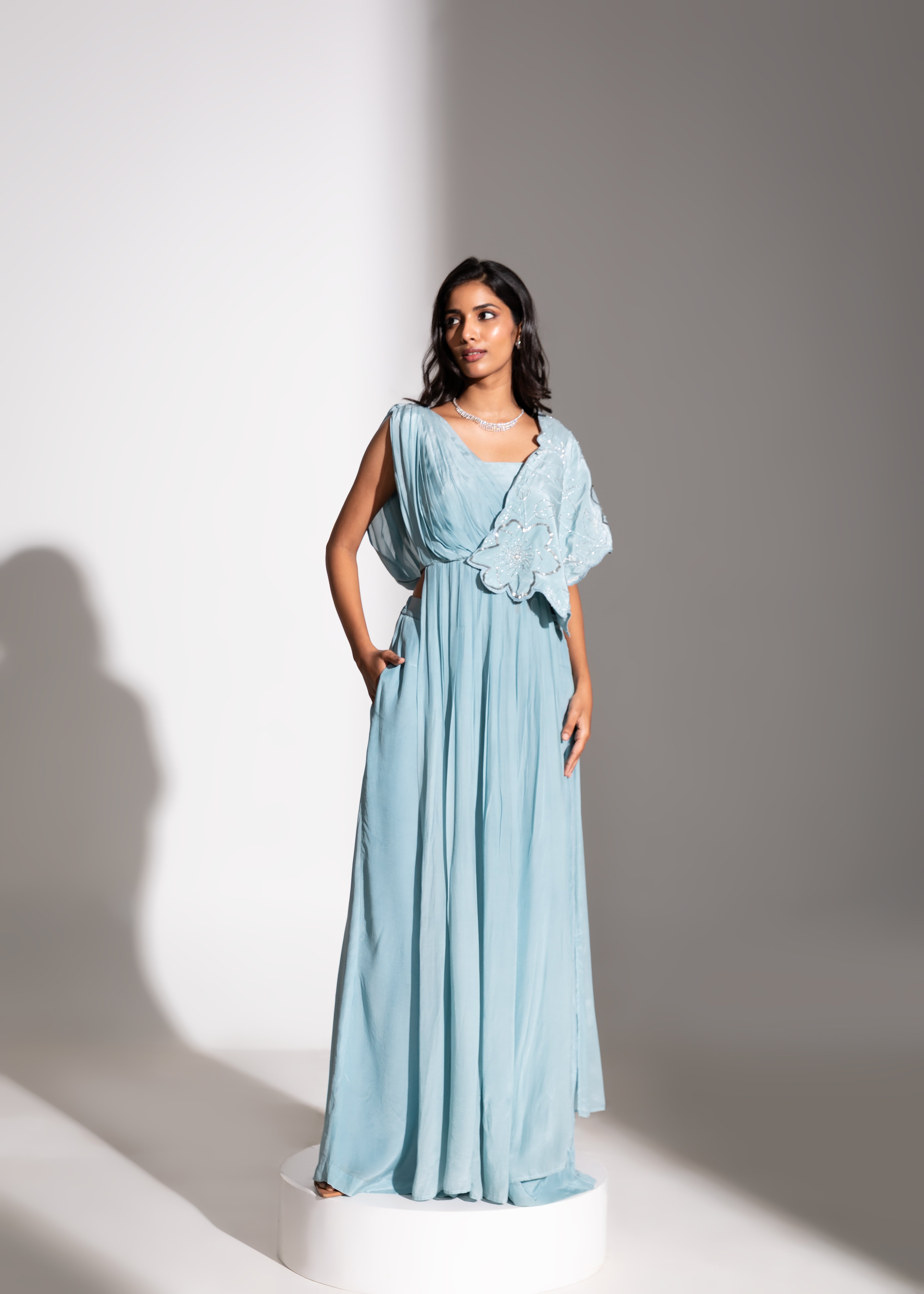 Double Cape Pleated Top with Flared Pants