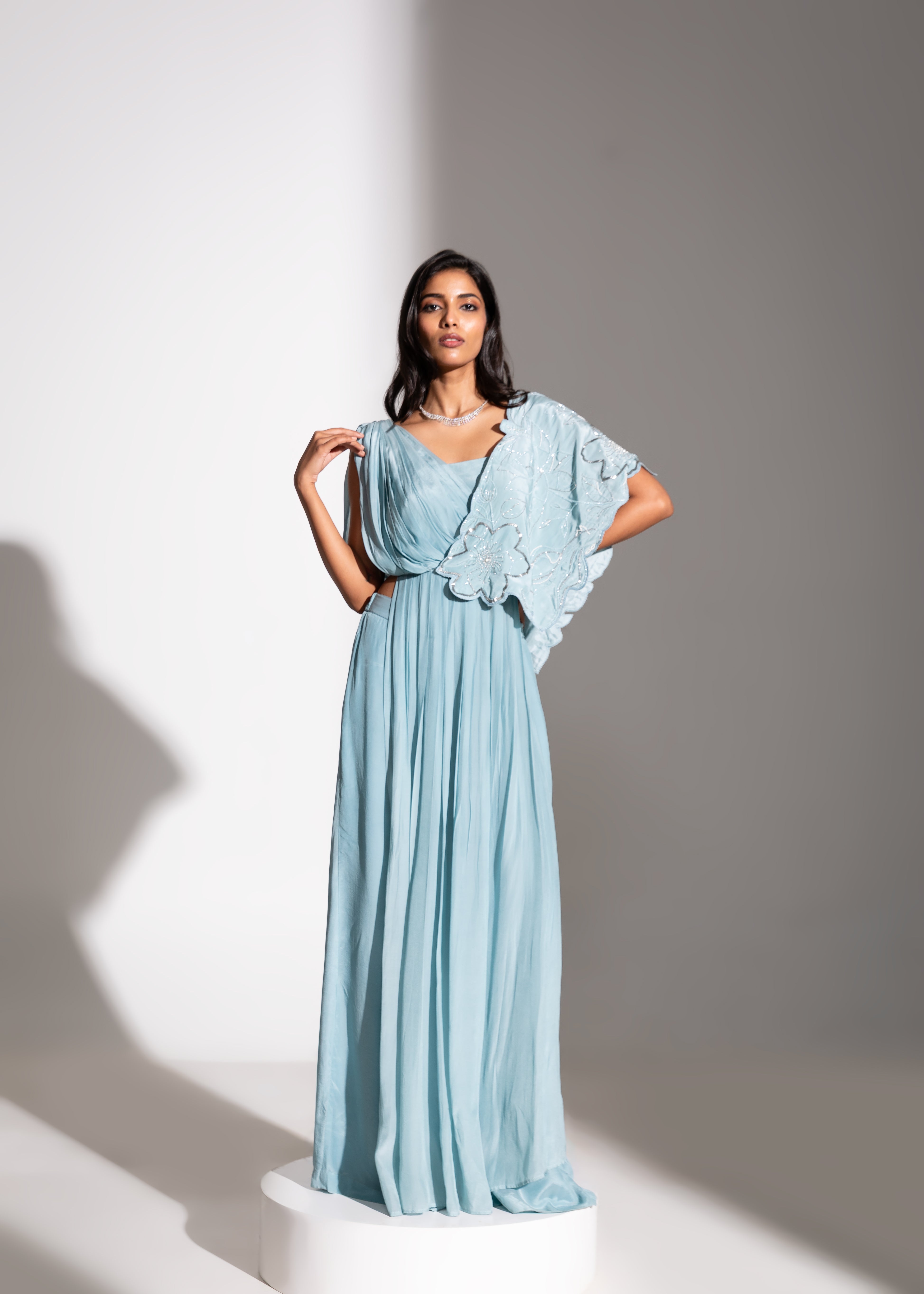 Double Cape Pleated Top with Flared Pants