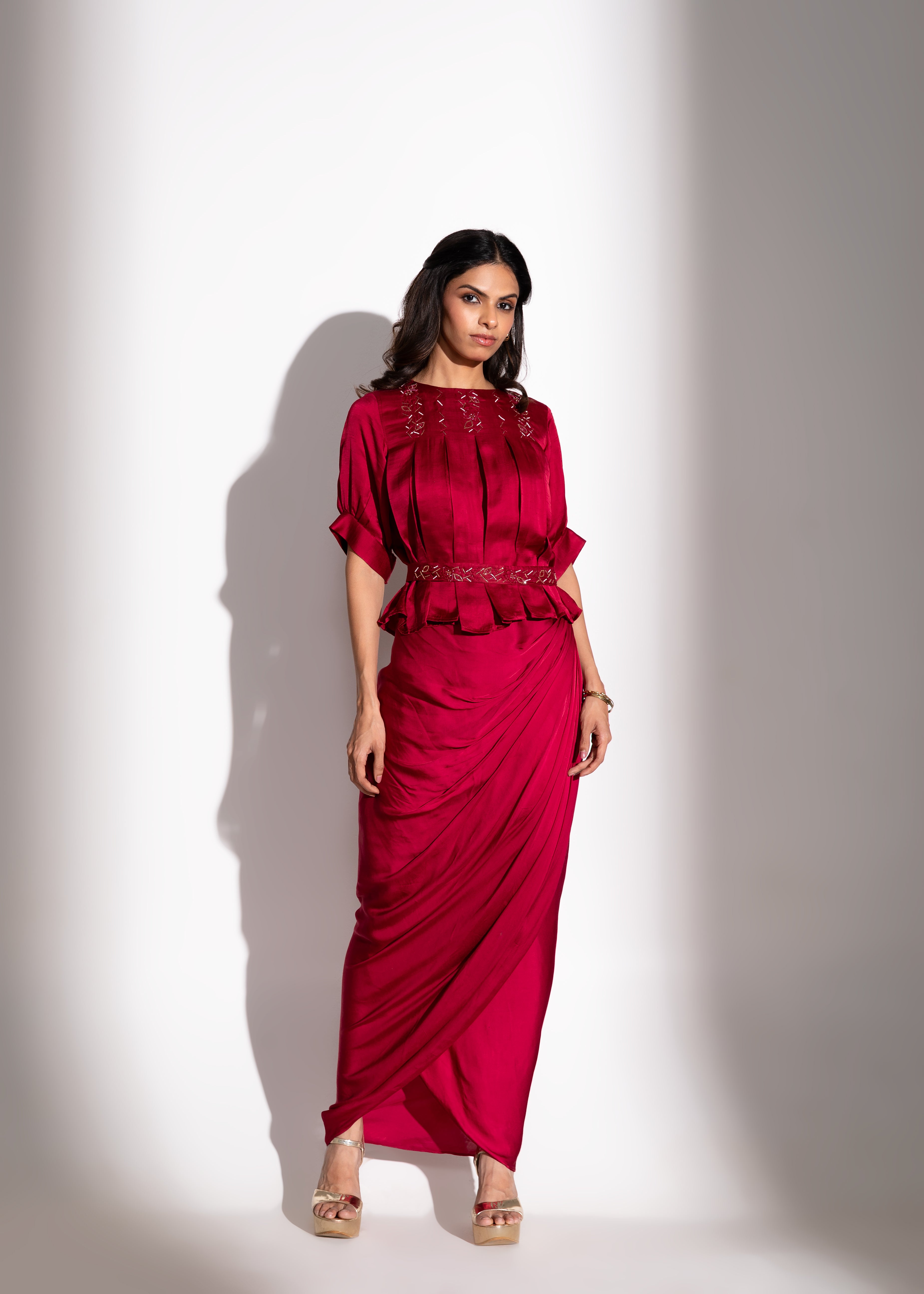 Kick-Pleat Top, KIN Belt & Skirt Set