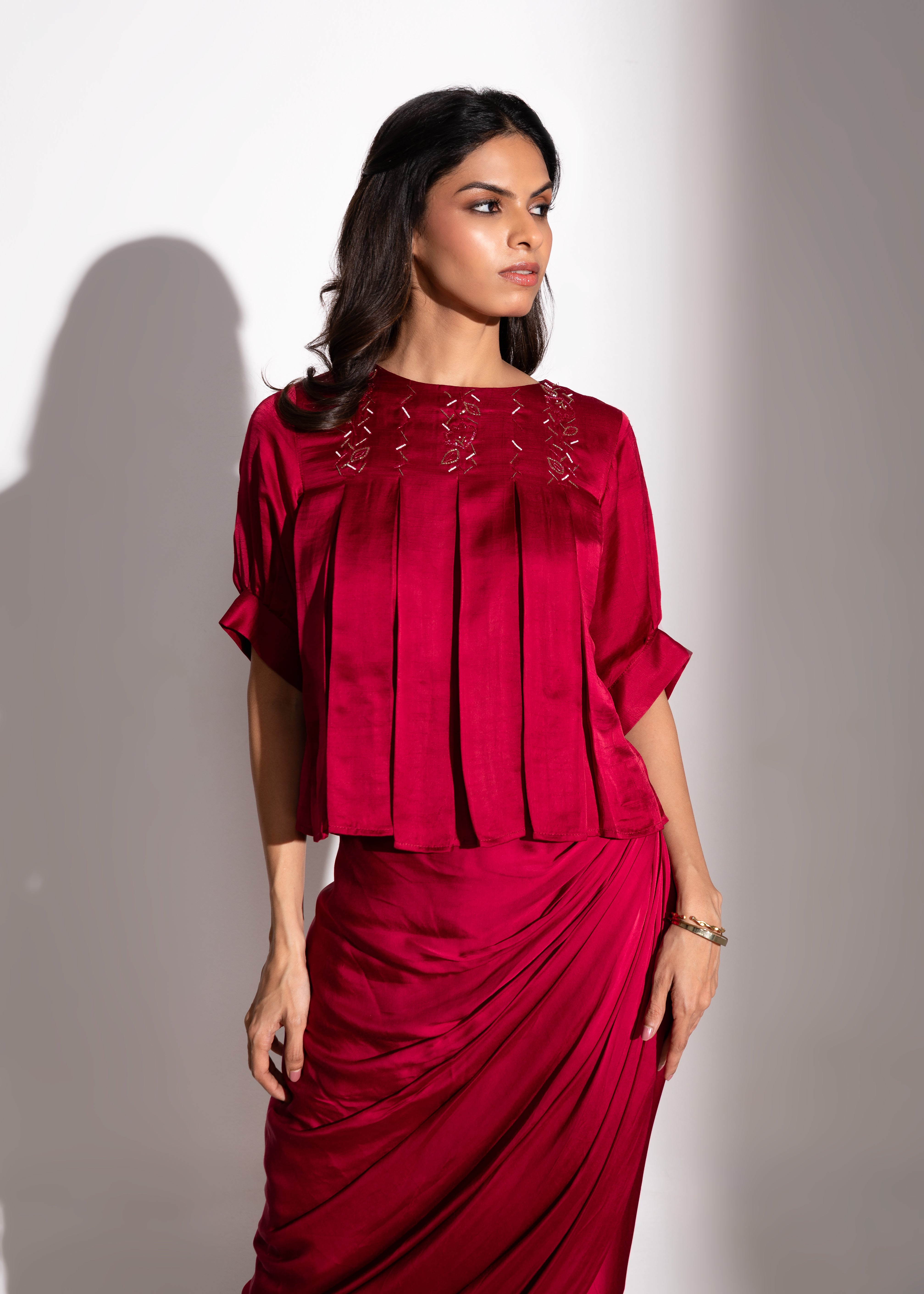 Kick-Pleat Top, KIN Belt & Skirt Set