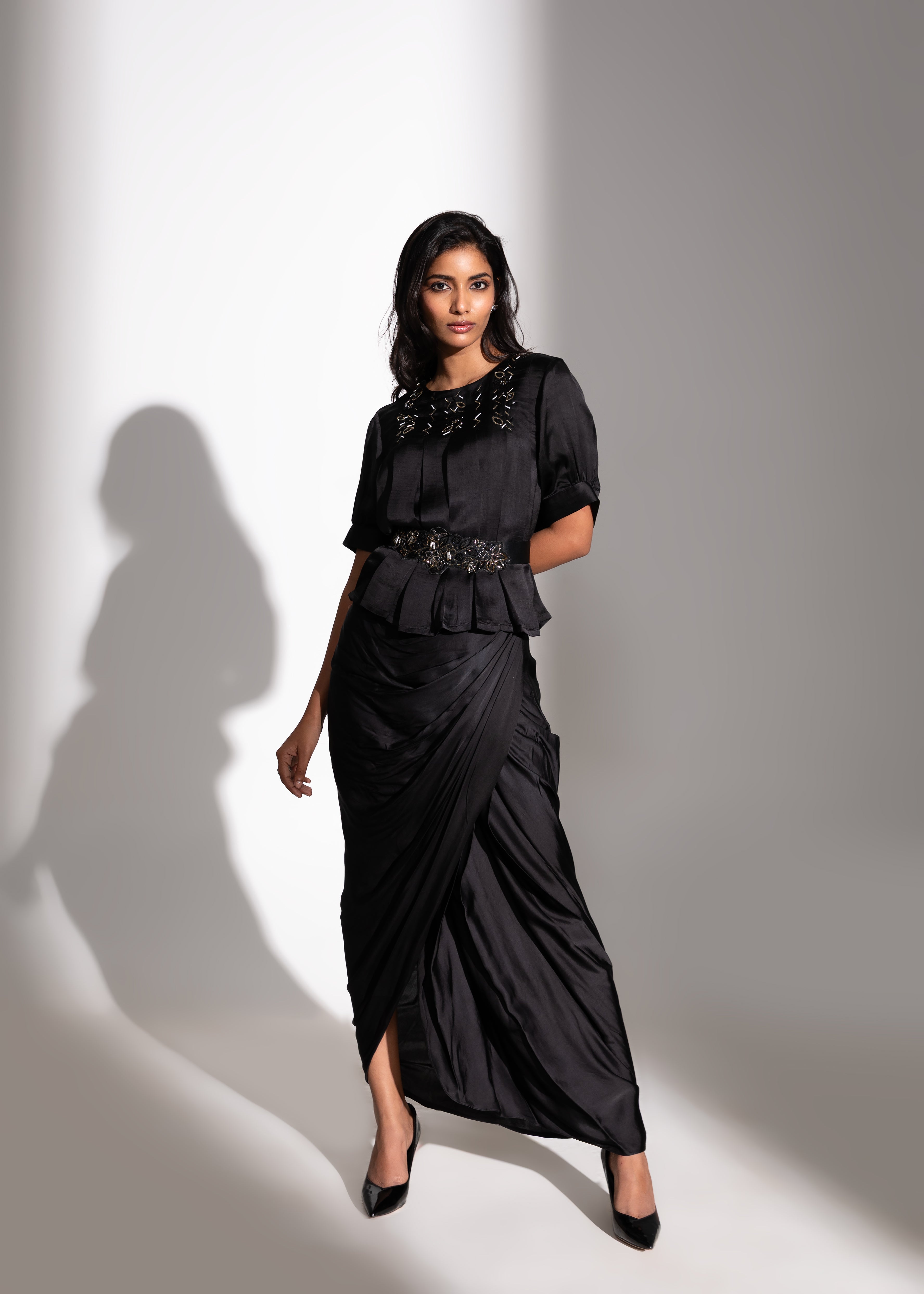 Kick-Pleat Top, Floral Belt & Skirt Set