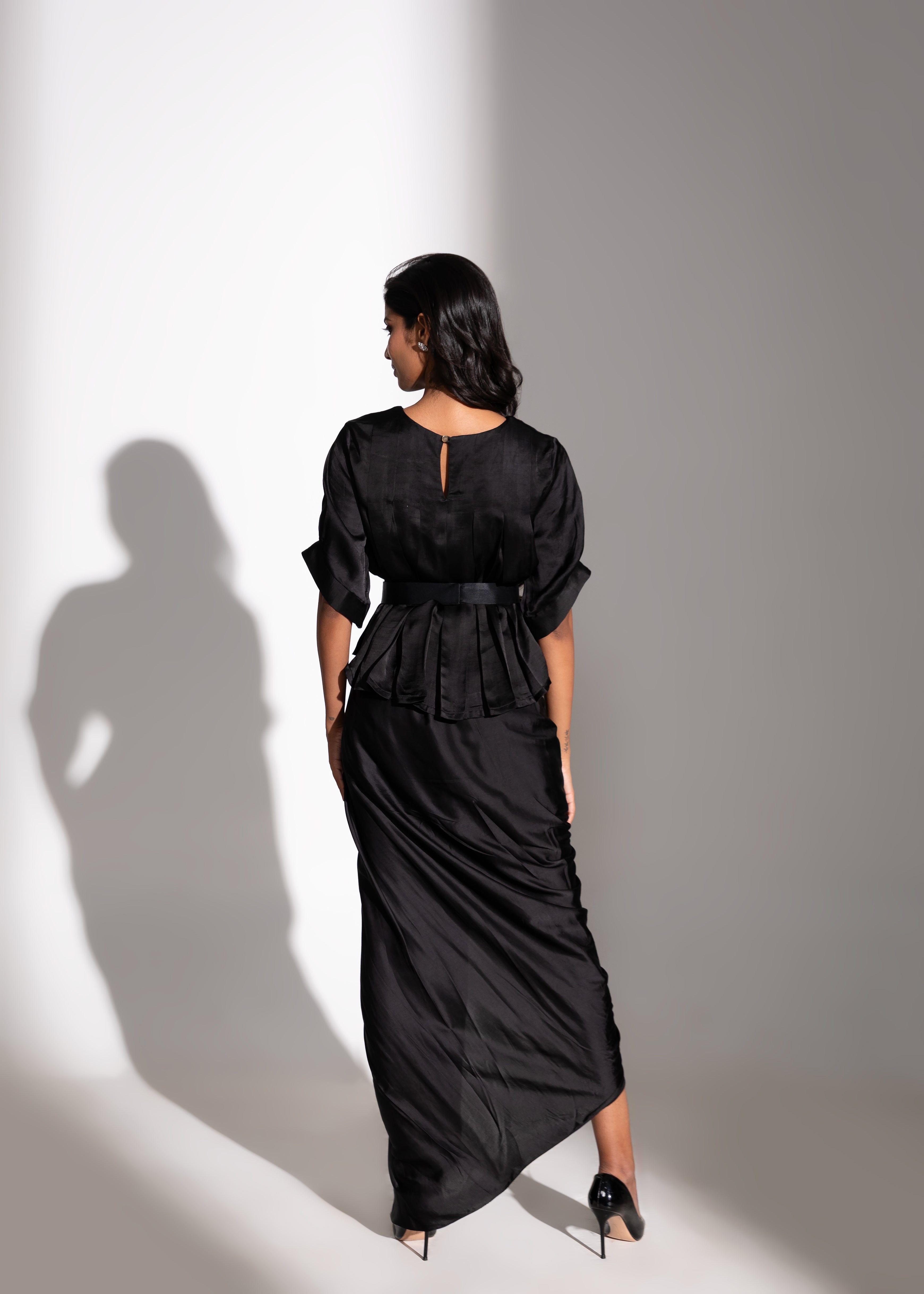 Kick-Pleat Top, Floral Belt & Skirt Set