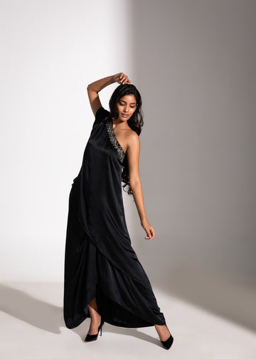 One-shoulder Dori Embroidered Top & Draped Skirt