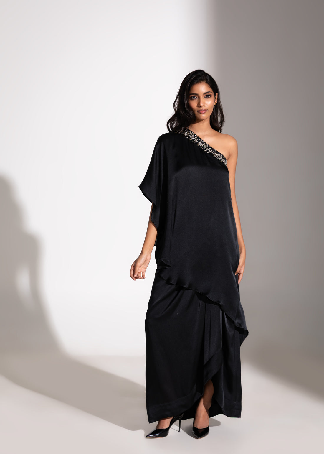 One-shoulder Dori Embroidered Top & Draped Skirt
