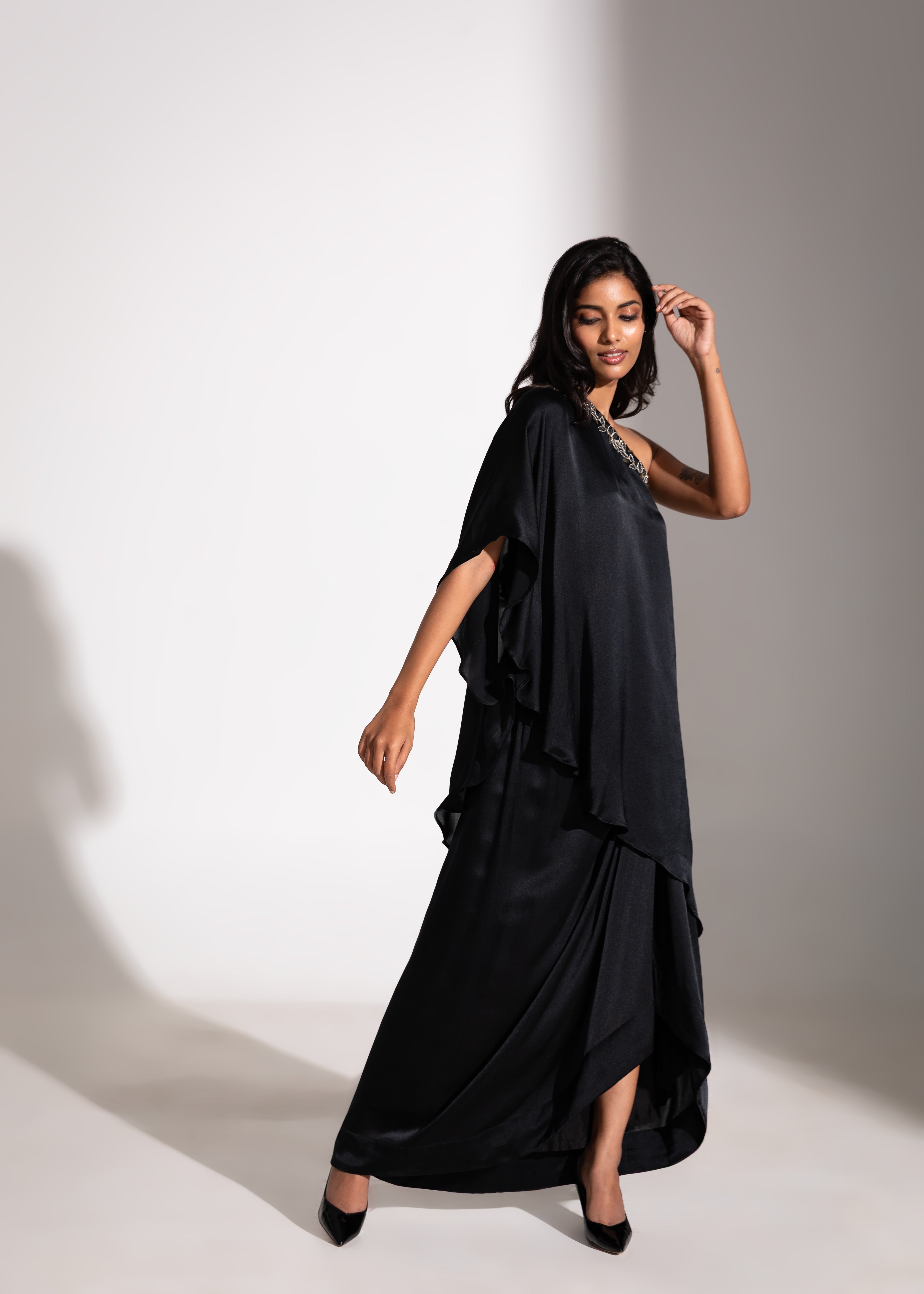 One-shoulder Dori Embroidered Top & Draped Skirt