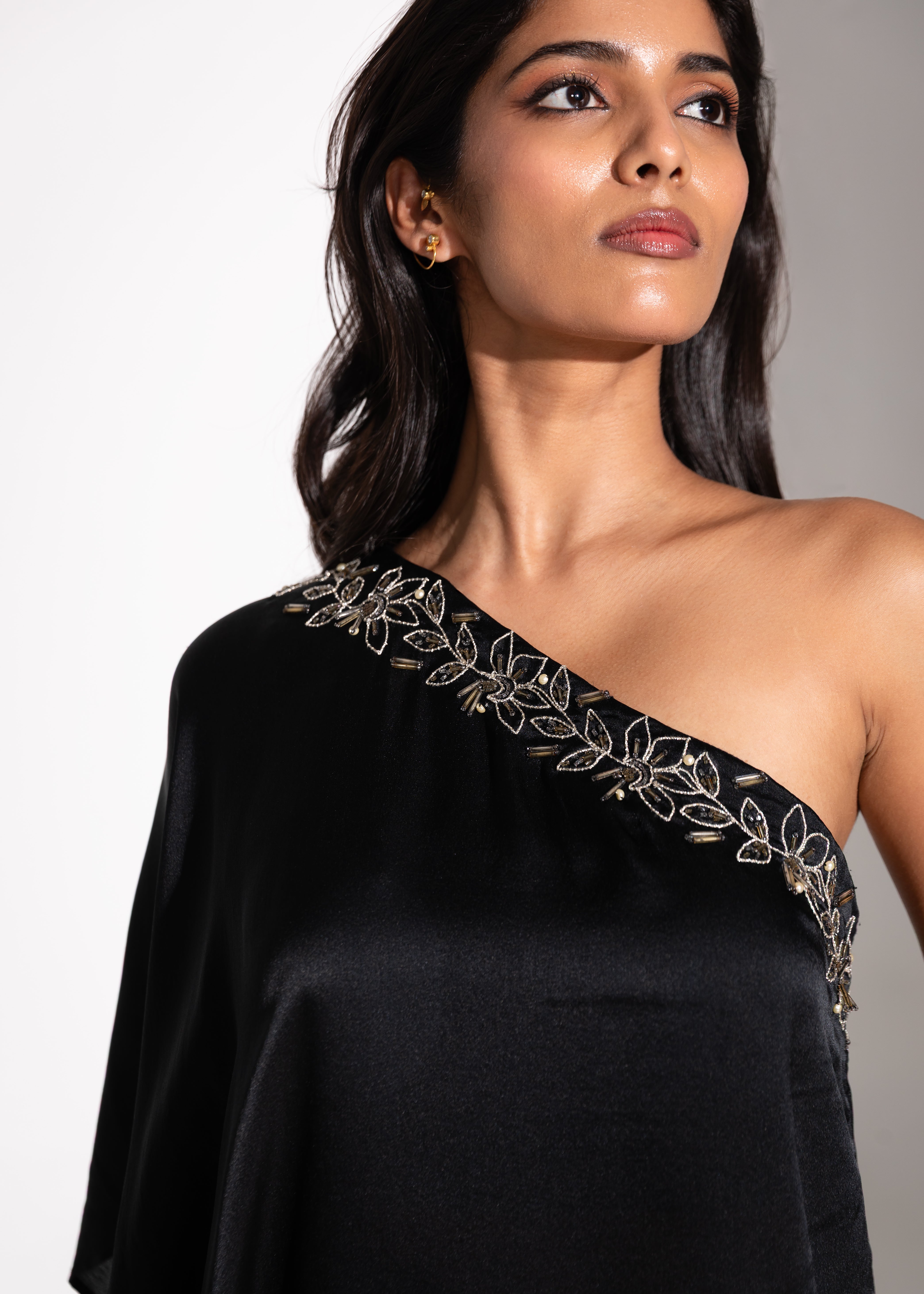 One-shoulder Dori Embroidered Top & Draped Skirt