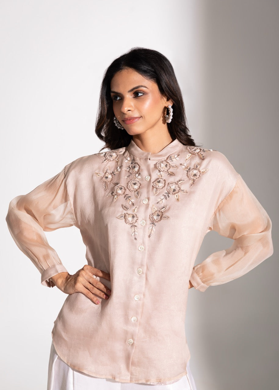 Floral Applique Embroidered Chinese Collared Shirt