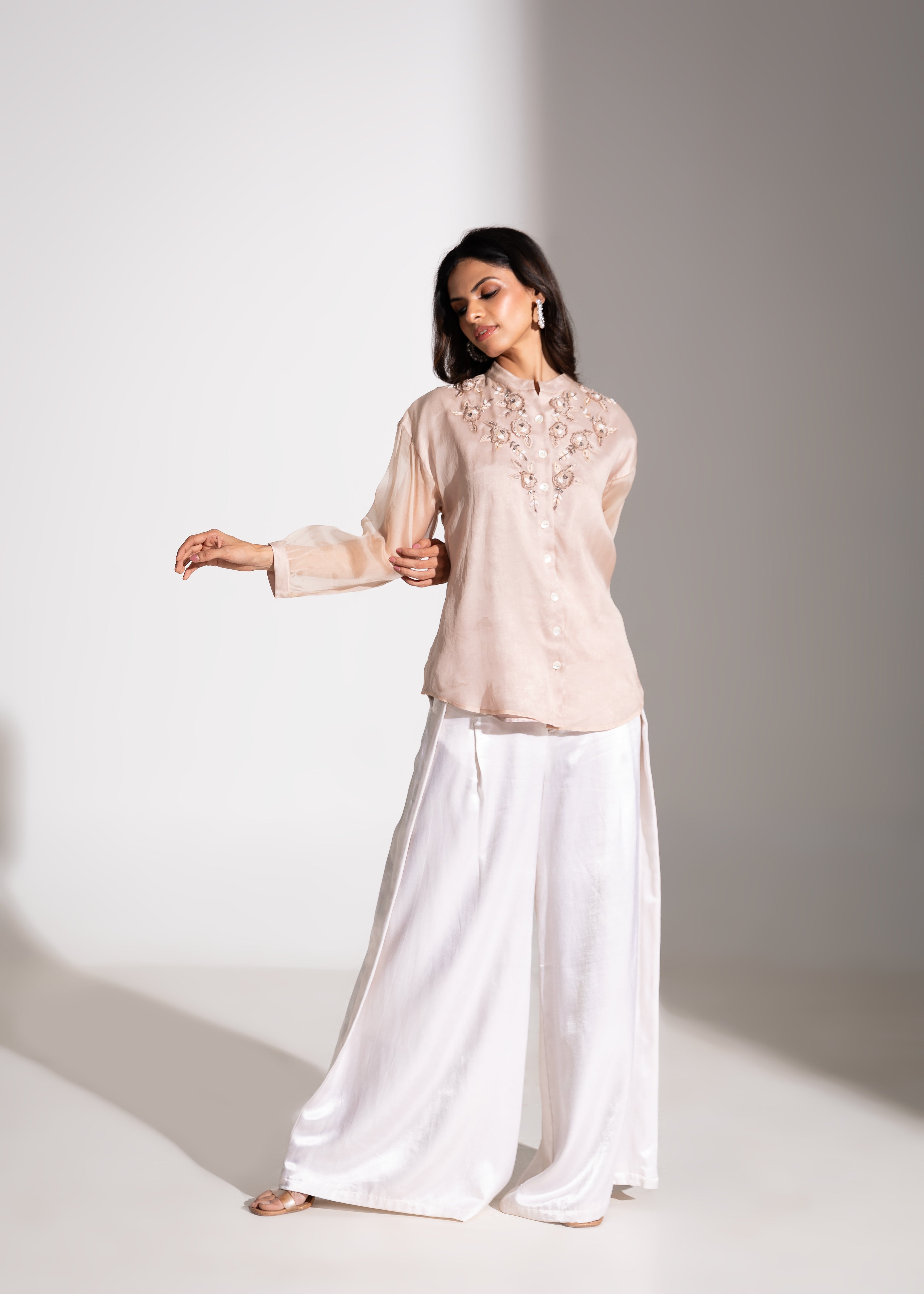 Floral Applique Embroidered Chinese Collared Shirt