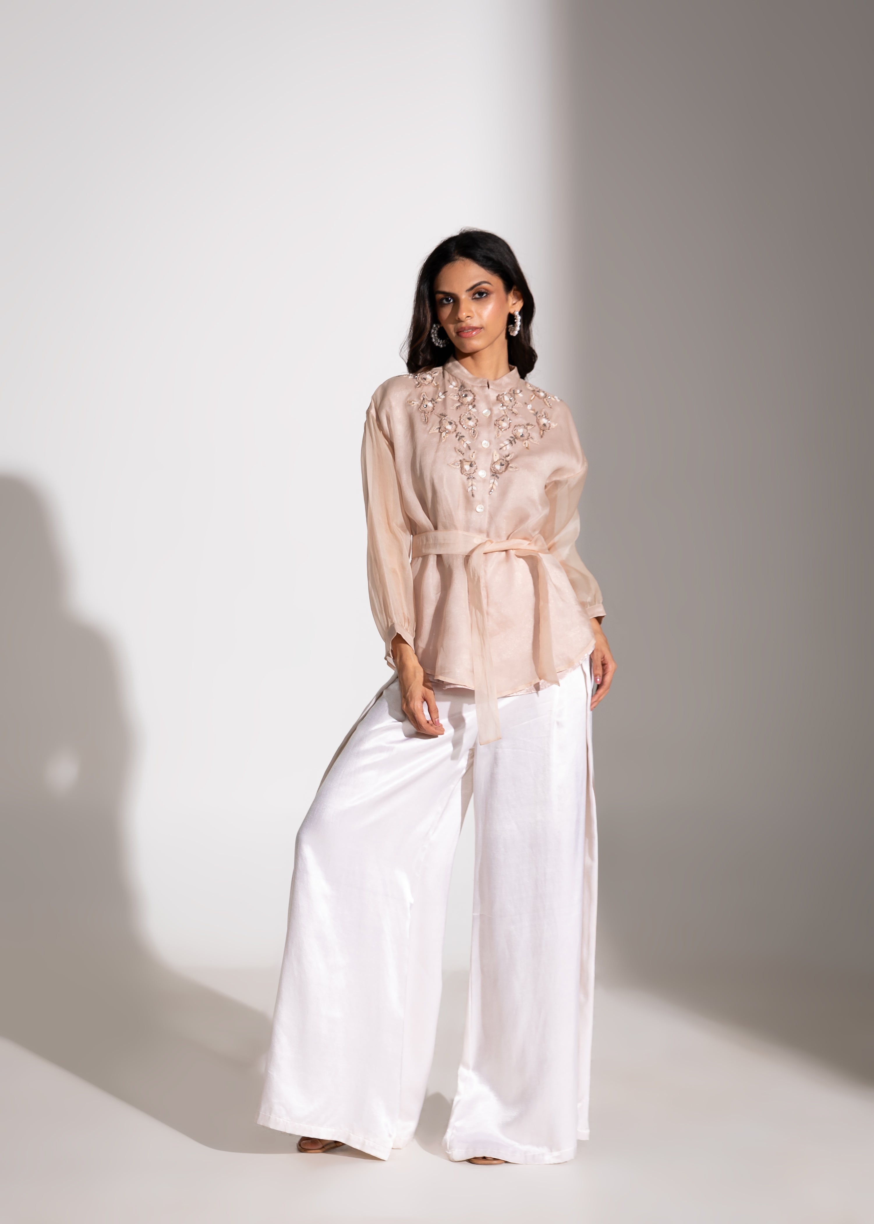 Floral Applique Embroidered Chinese Collared Shirt