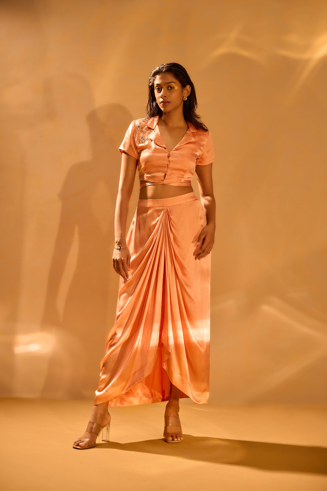 Embroidered Tie-up Collared Top & Center-Front Pleated Skirt