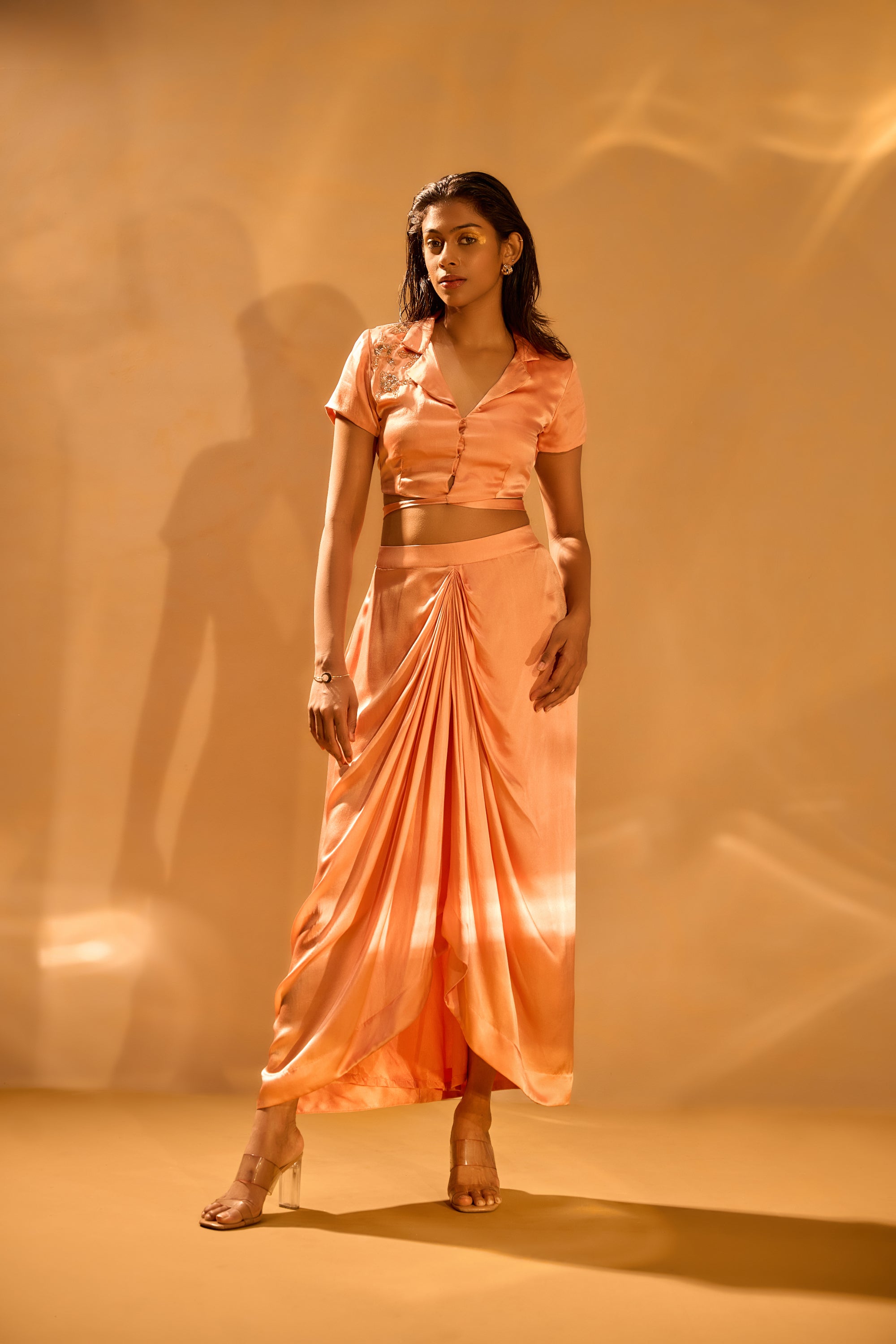 Embroidered Tie-up Collared Top & Center-Front Pleated Skirt