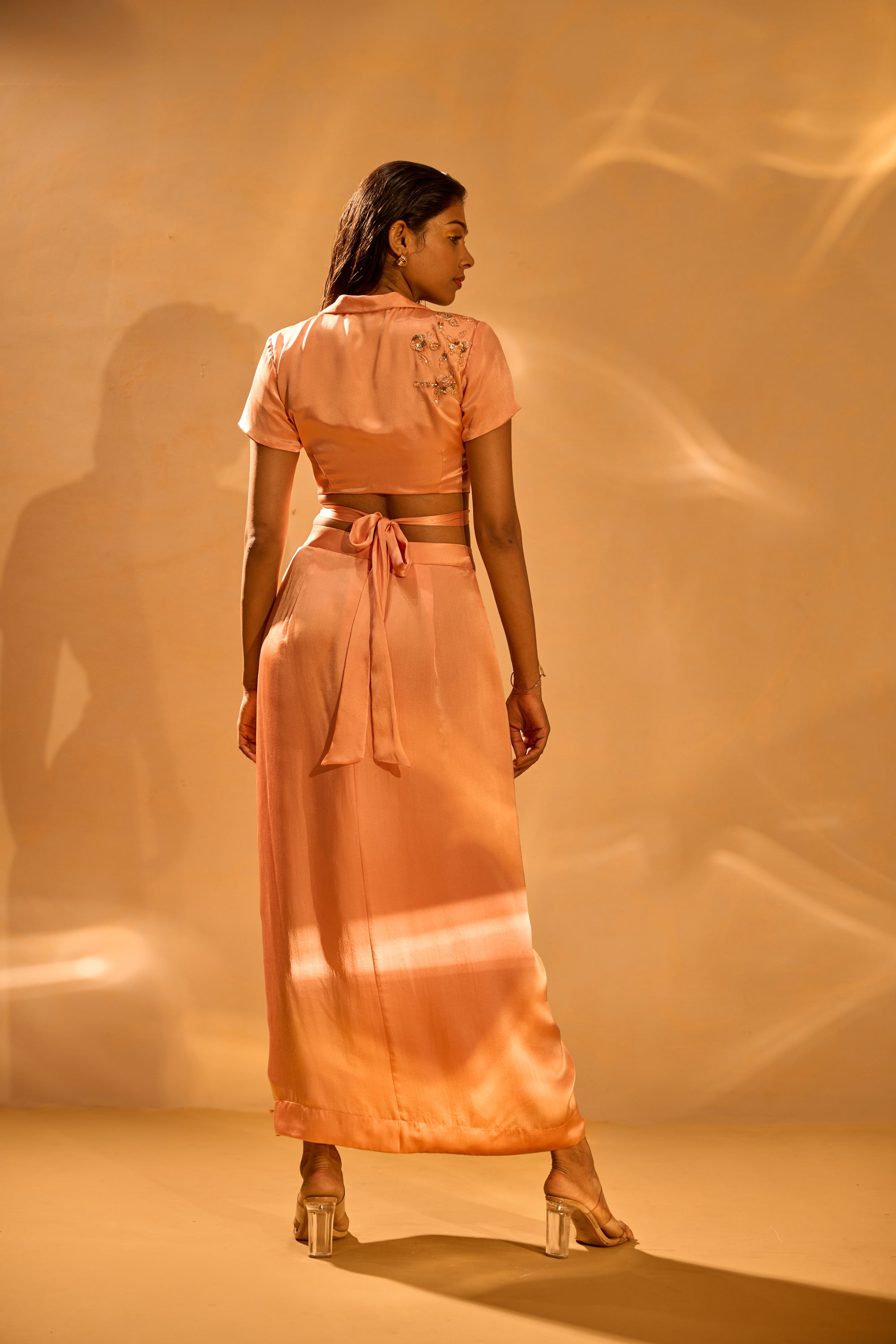 Embroidered Tie-up Collared Top & Center-Front Pleated Skirt