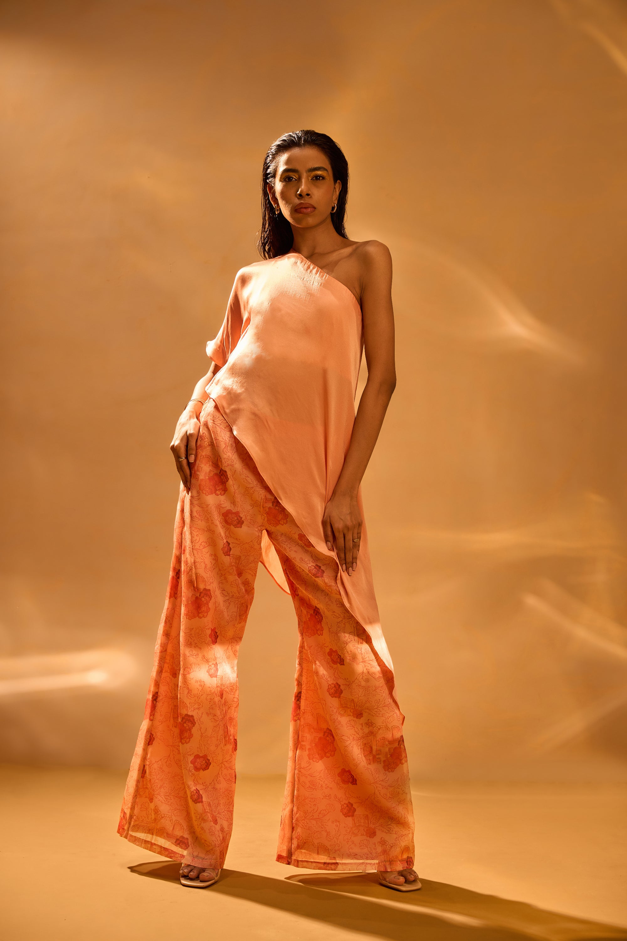Asymmetric One-Shoulder Top & Printed Satin Organza Flared Pants