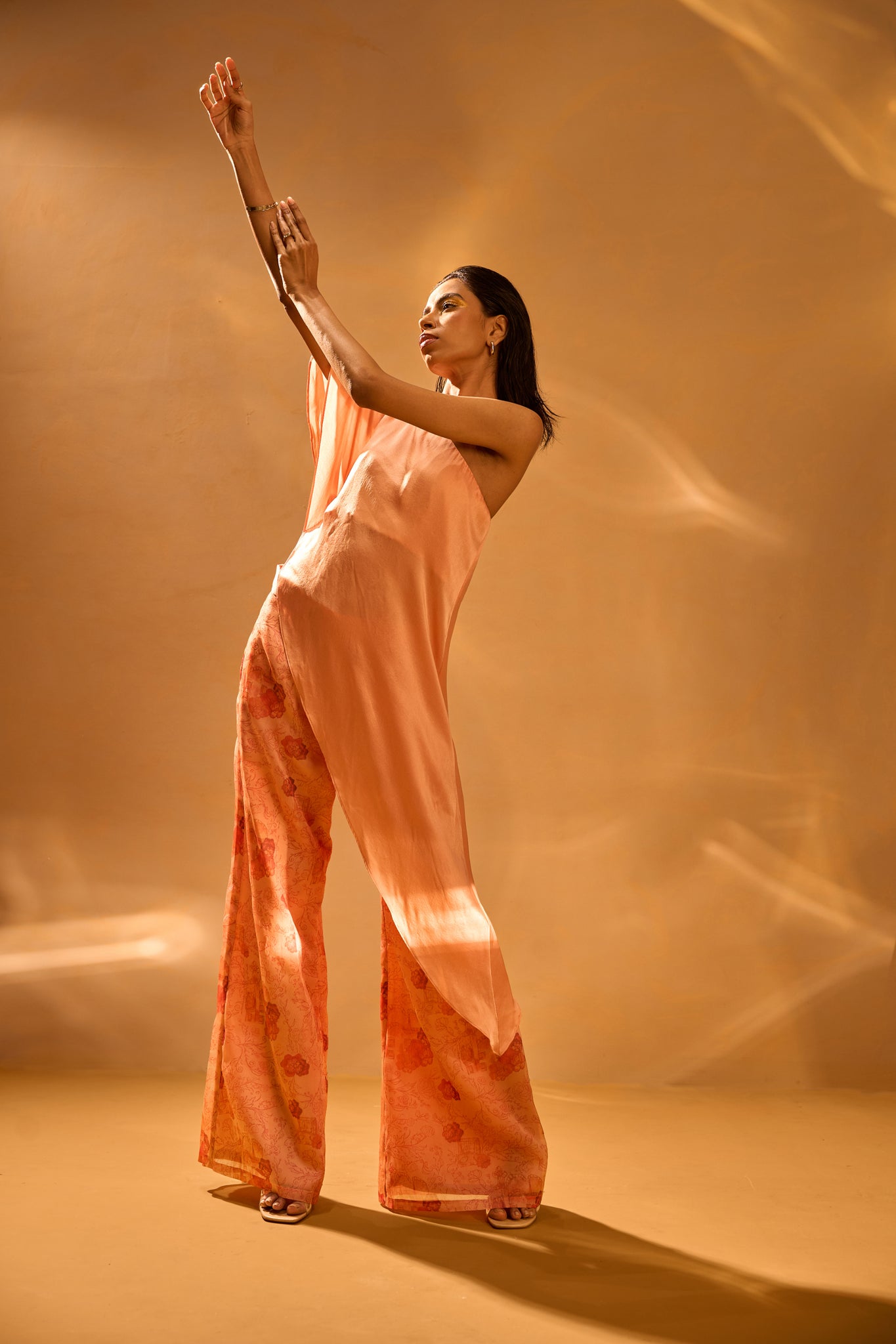 Asymmetric One-Shoulder Top & Printed Satin Organza Flared Pants
