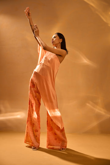 Asymmetric One-Shoulder Top & Printed Satin Organza Flared Pants