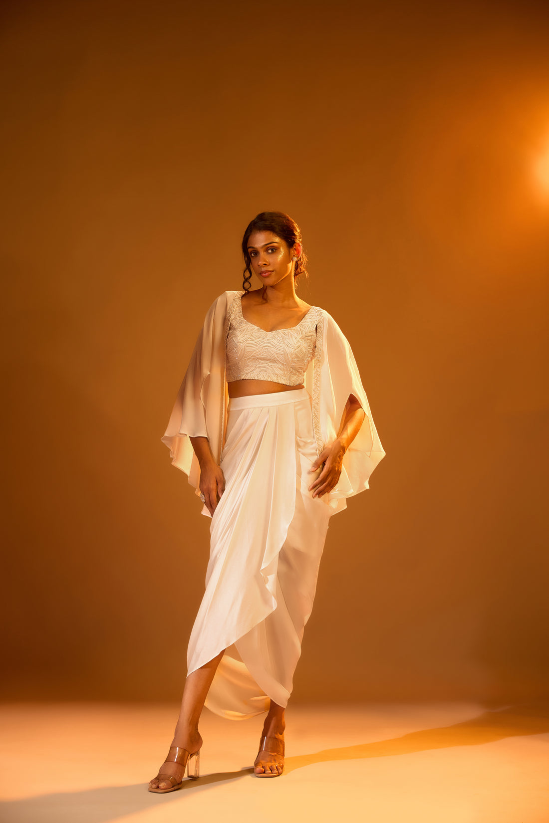 Crema blouse, Embellished Bolero Cape & Overlap Pleated Skirt