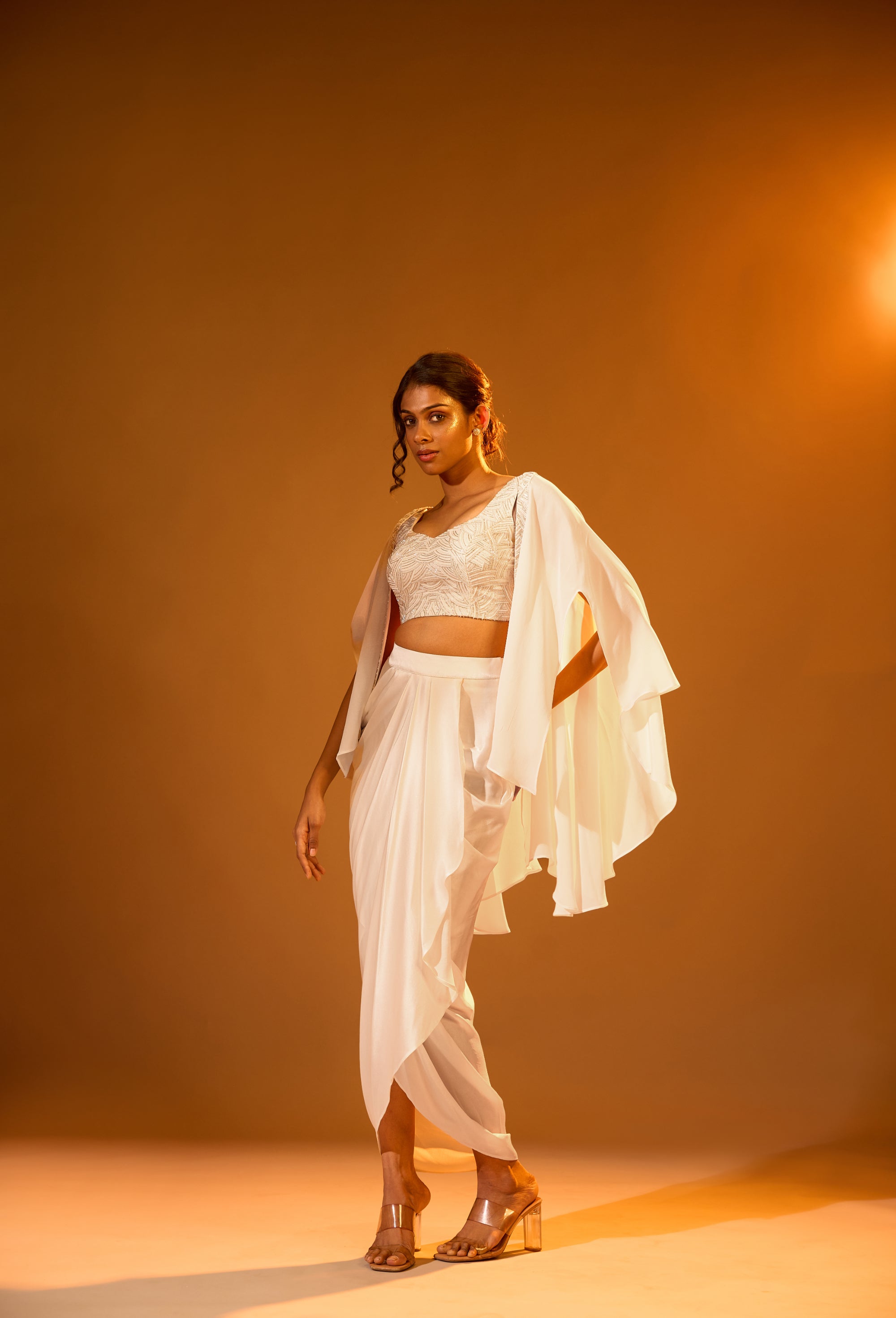 Crema blouse, Embellished Bolero Cape & Overlap Pleated Skirt