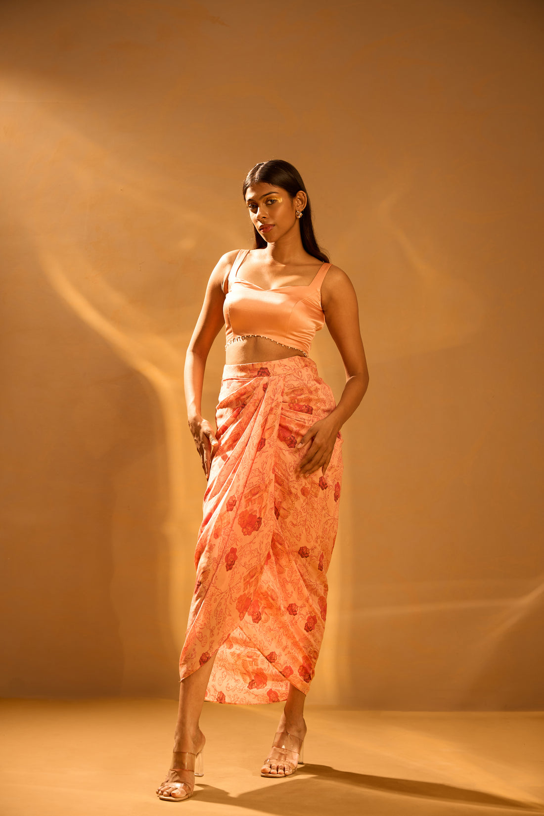 Printed Maxi Shirt Dress, Embellished Backless Strap Blouse & Overlap Pleated Printed Crepe Skirt