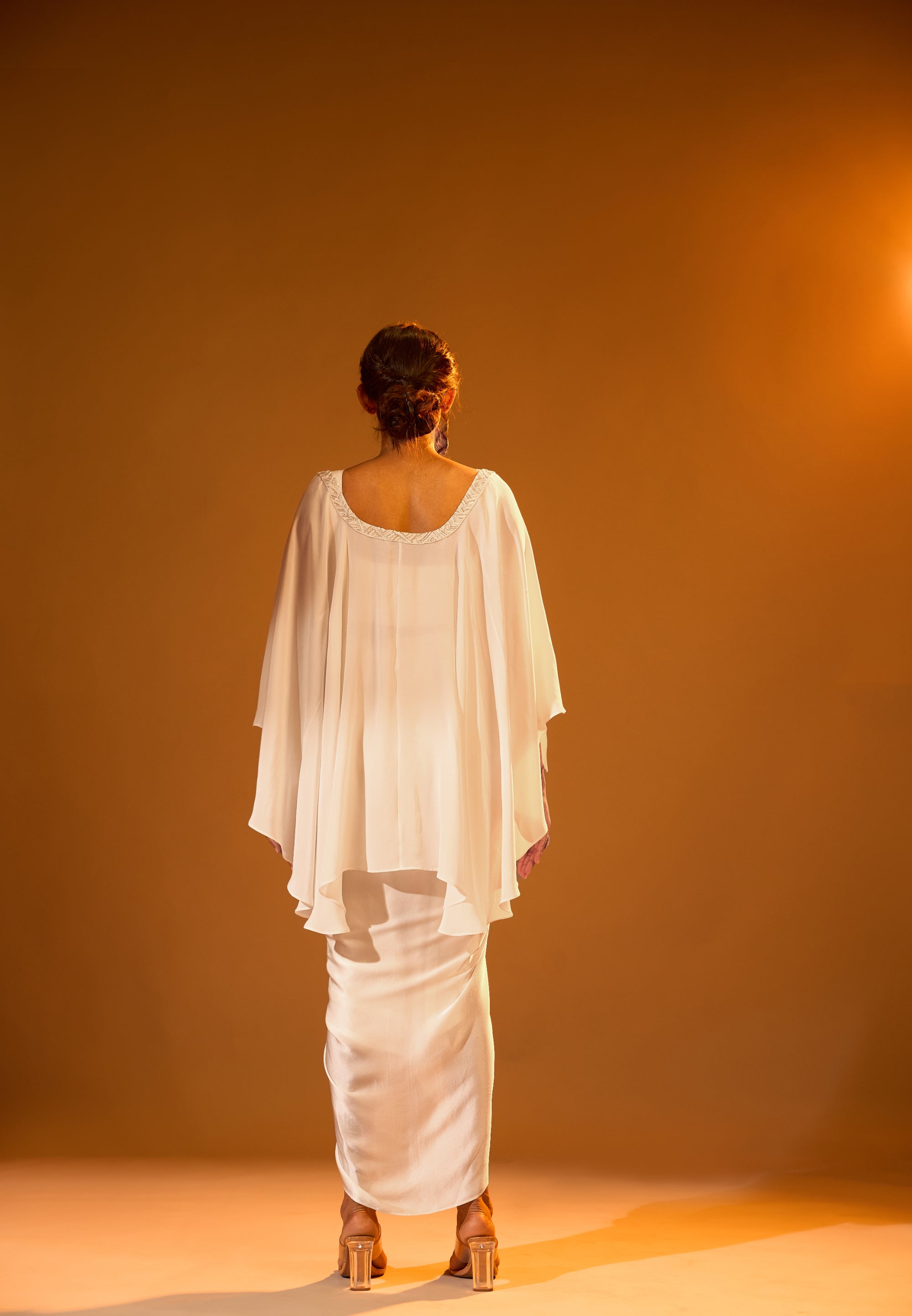 Crema blouse, Embellished Bolero Cape & Overlap Pleated Skirt