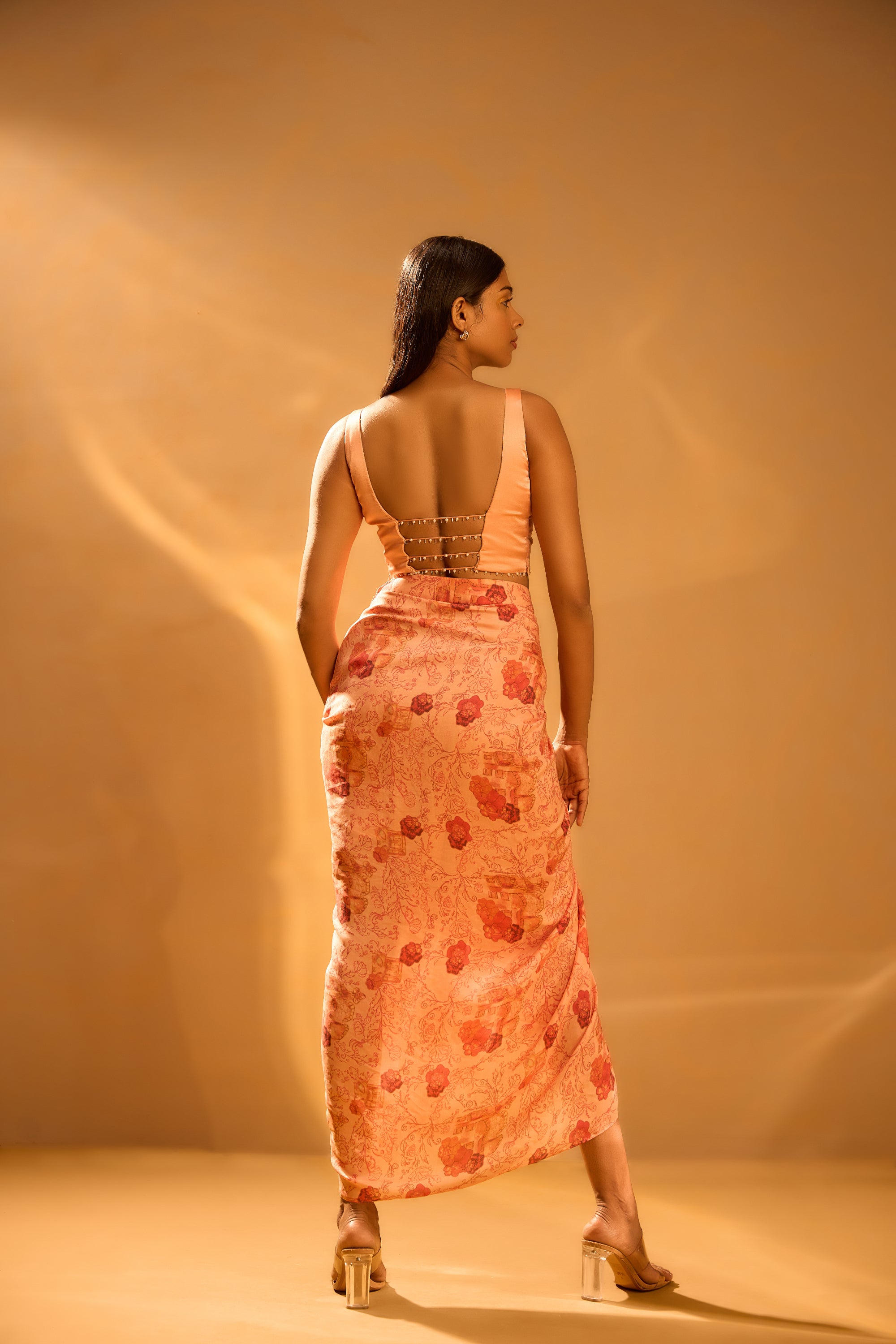 Printed Maxi Shirt Dress, Embellished Backless Strap Blouse & Overlap Pleated Printed Crepe Skirt