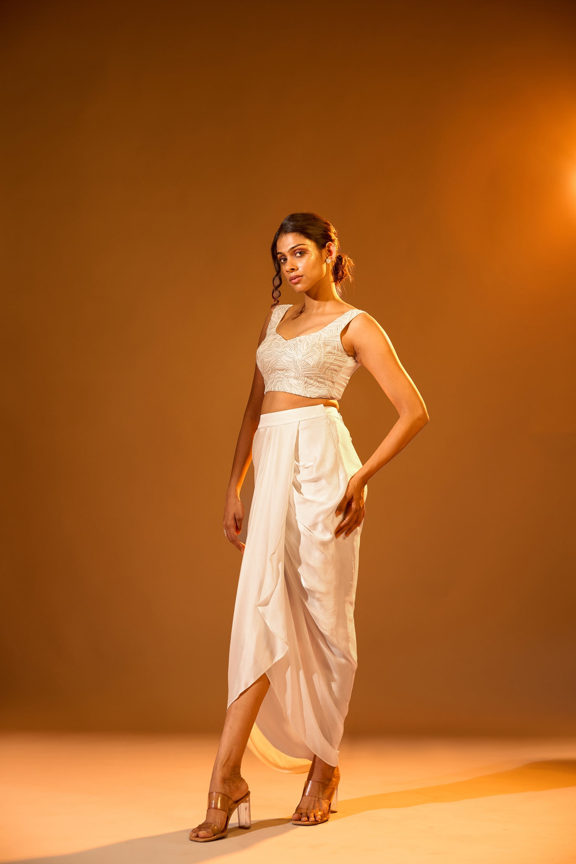 Crema blouse, Embellished Bolero Cape & Overlap Pleated Skirt