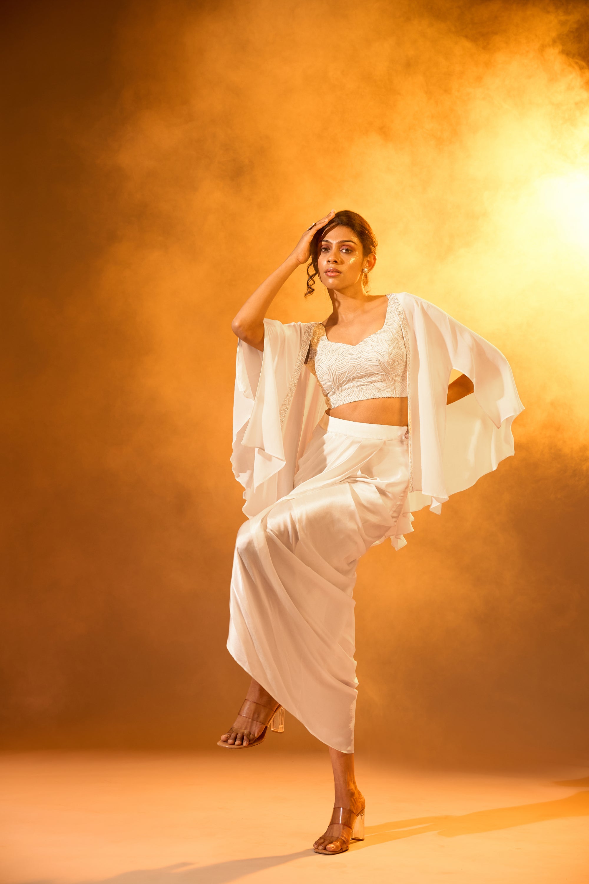 Crema blouse, Embellished Bolero Cape & Overlap Pleated Skirt
