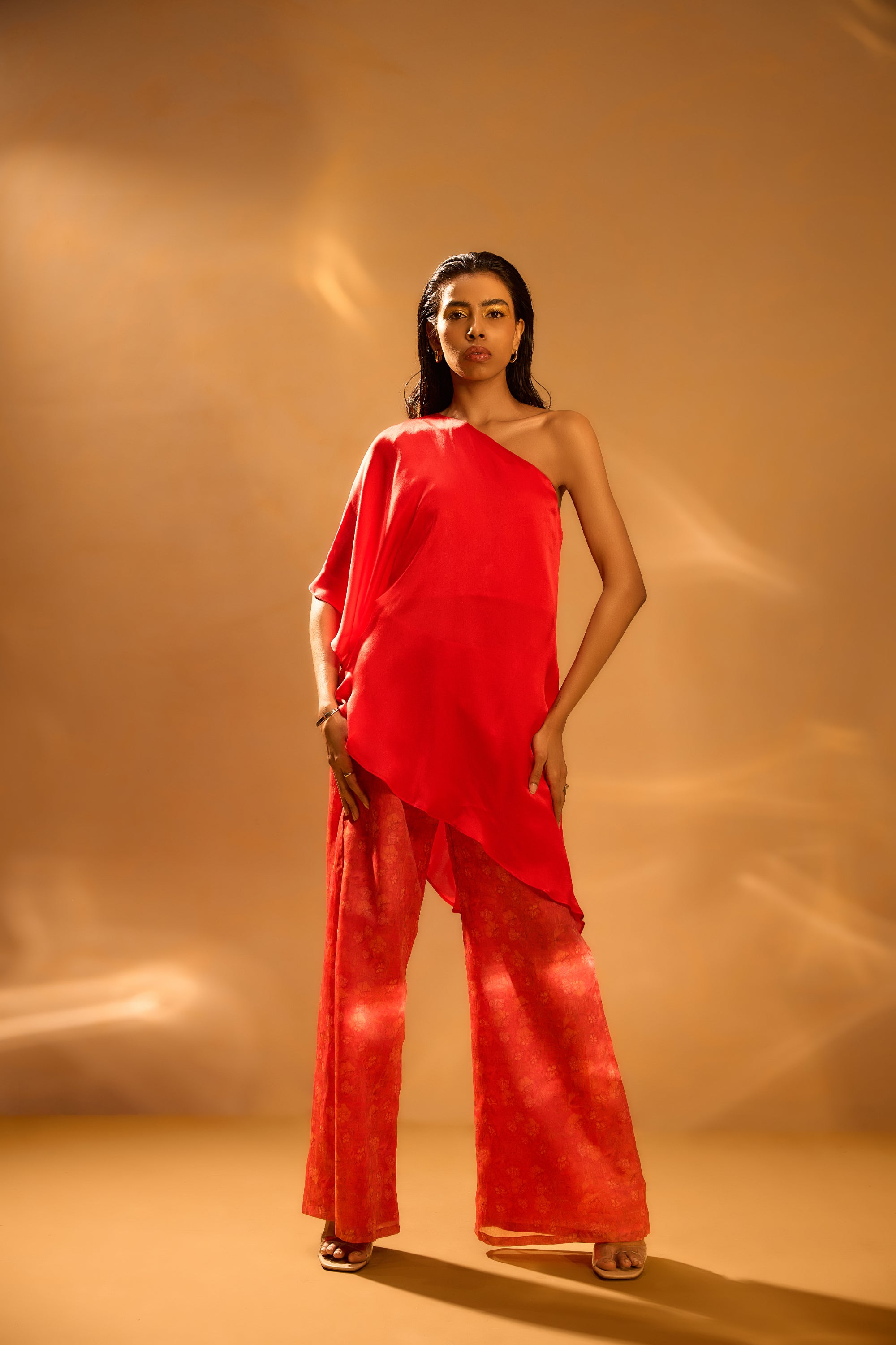 Asymmetric One-Shoulder Top & Printed Satin Organza Flared Pants