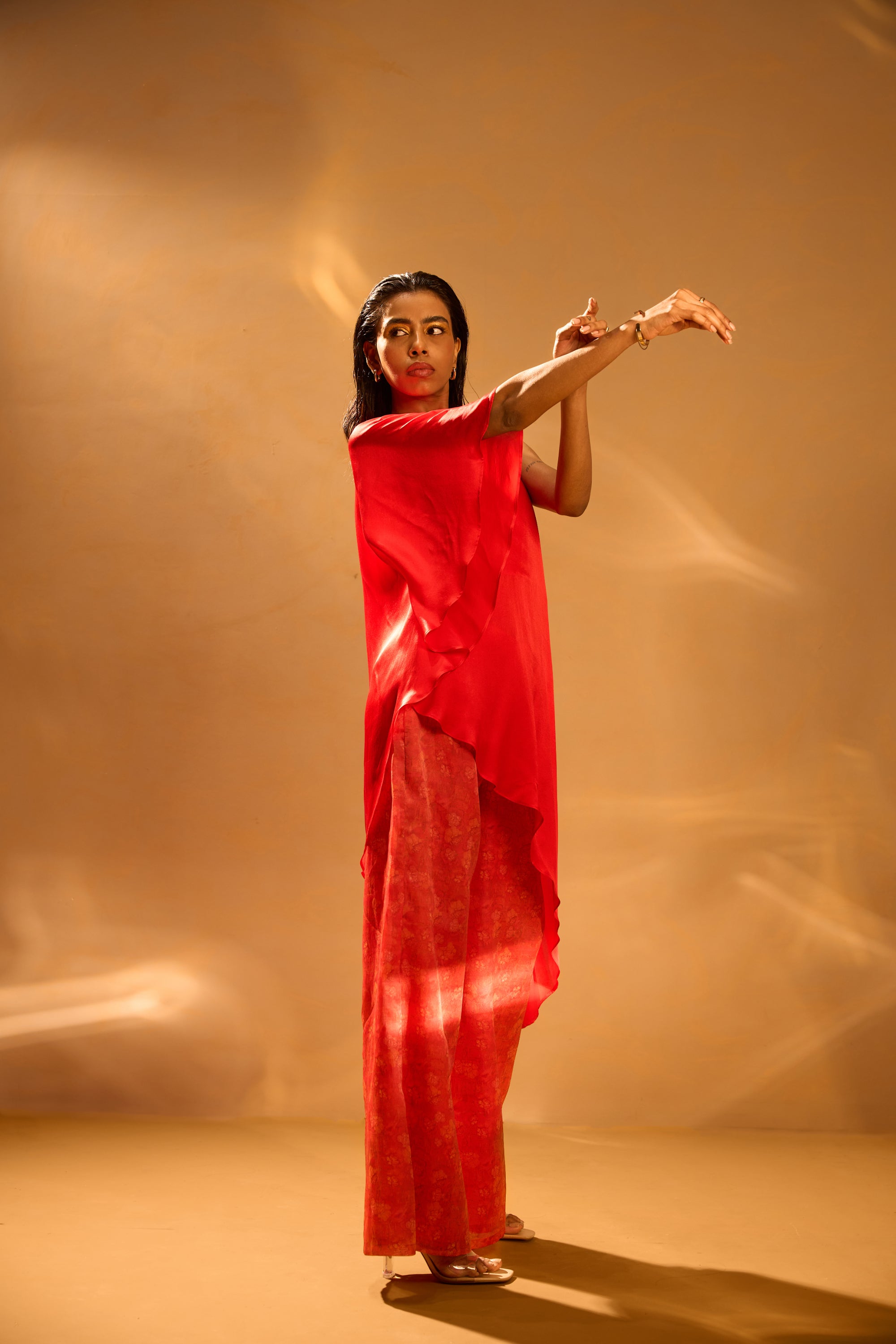 Asymmetric One-Shoulder Top & Printed Satin Organza Flared Pants