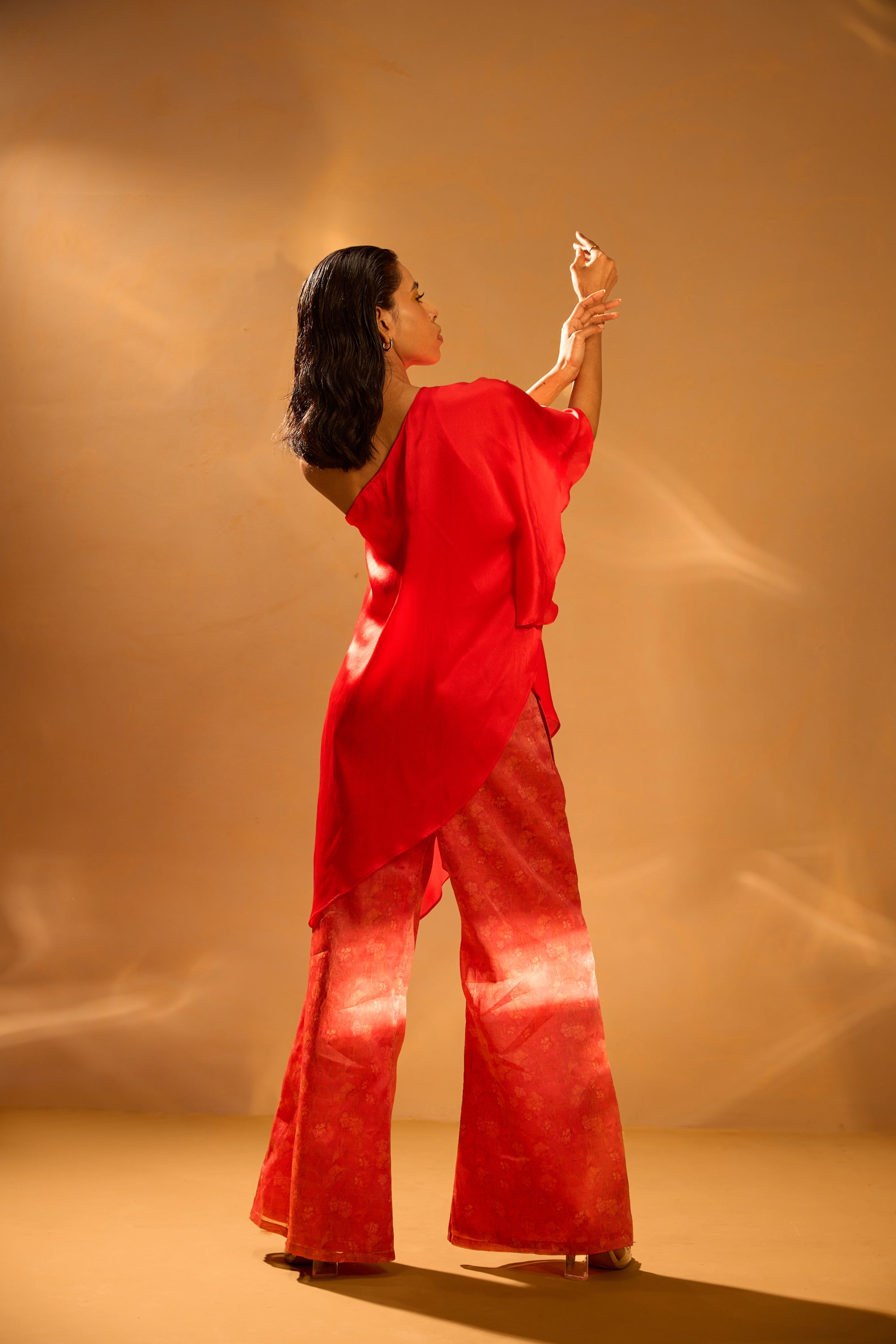 Asymmetric One-Shoulder Top & Printed Satin Organza Flared Pants