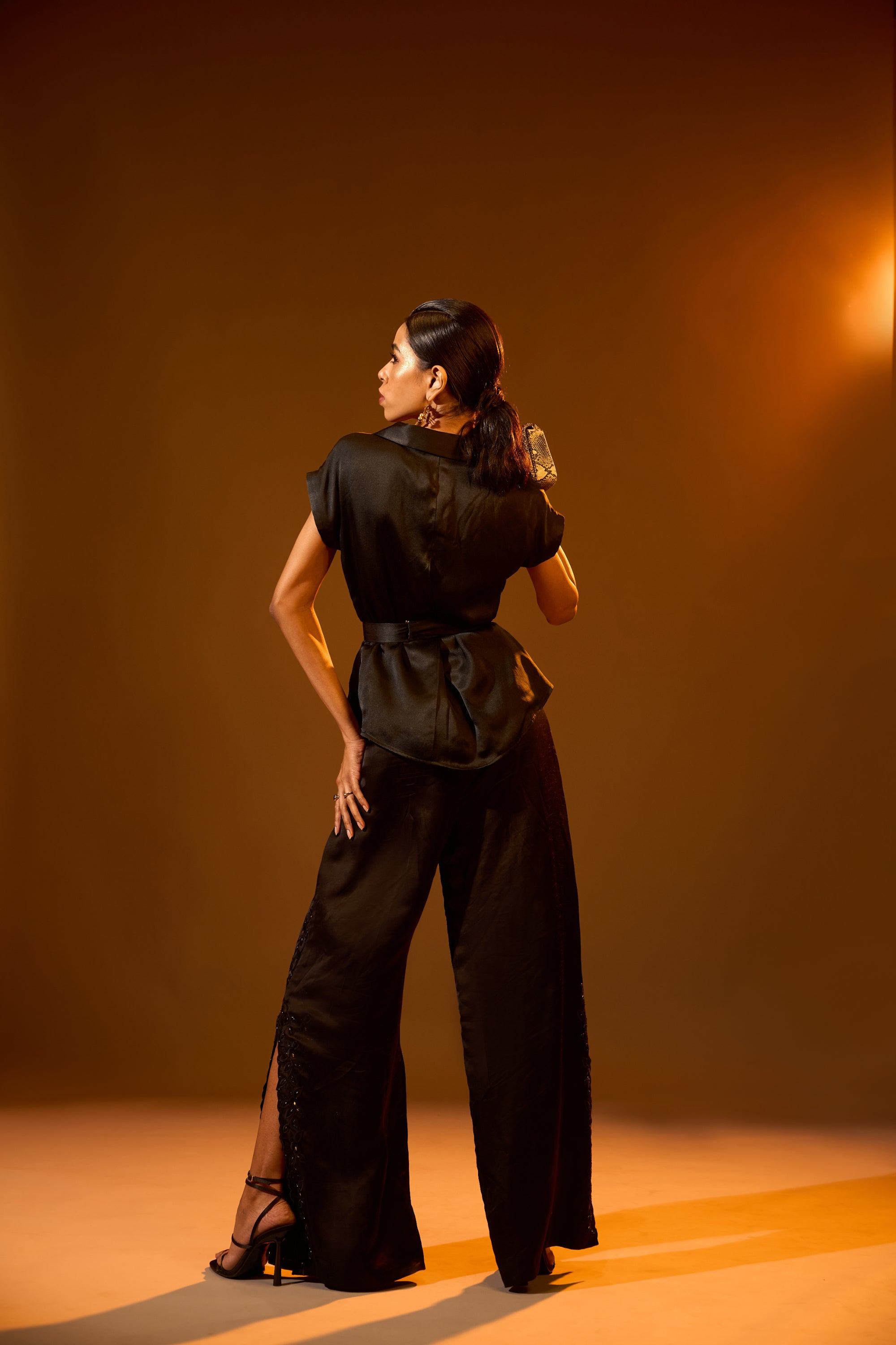 Box-Pleated Round Collar Top, Floral Embroidered Slit Pants & Floral Embroidered Waist Belt