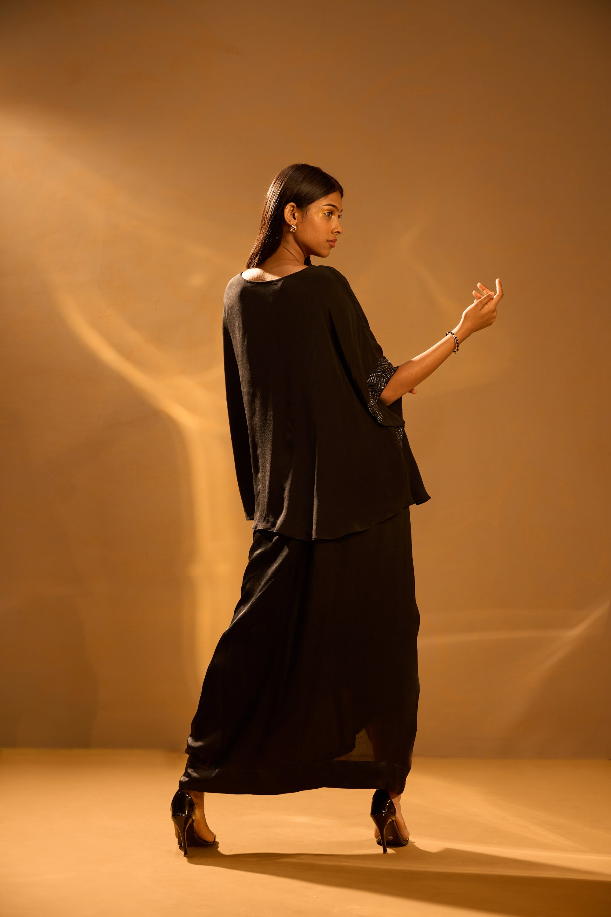Embellished Sleeve Cape Top & Center-front Pleated Skirt